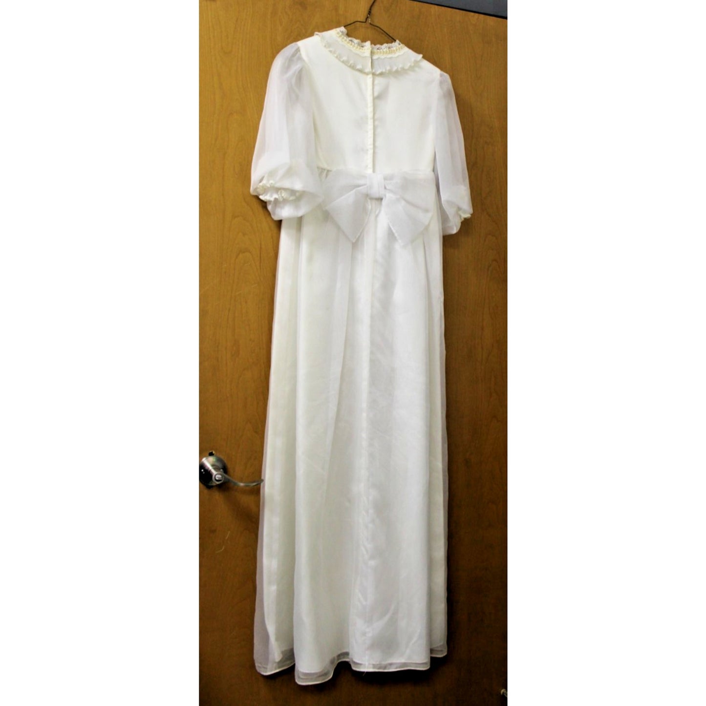 Vtg 70s Emma Domb White Organza Wedding Dress Sheer Balloon Sleeve Back Bow Sz 7
