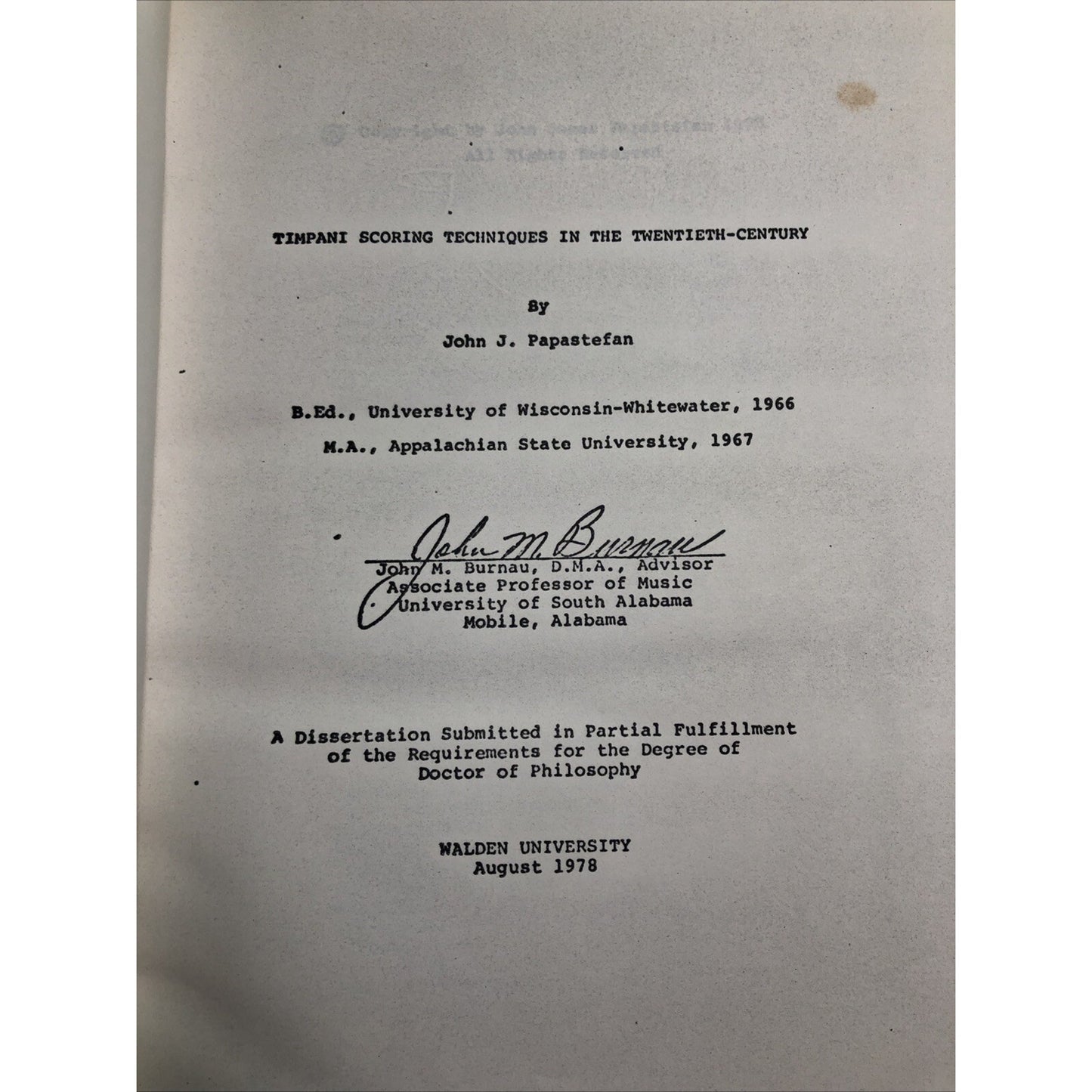 SIGNED Timpani Scoring Techniques In The Twentieth Century John James Papastefan