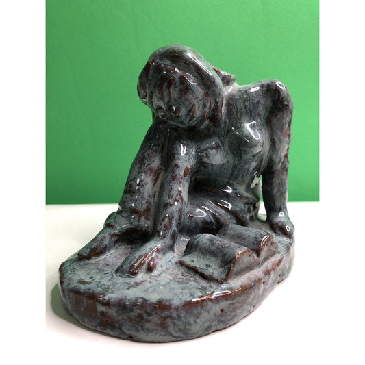 Vintage Blue Glazed Partial Nude Reading Book By Dennell Clay Figurine OOAK