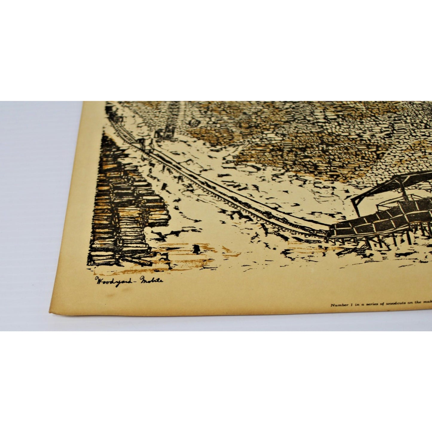 Vintage Woodcut by Ted Davies- Scott Paper Co. Woodyard- Mobile, AL 14" x 11.25"