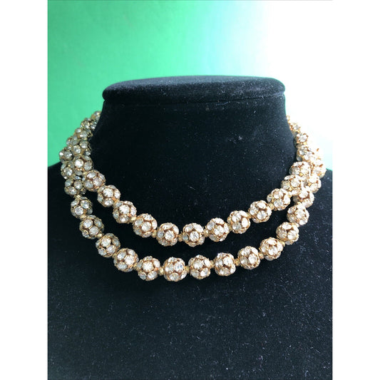 VTG Double Strand Elegant Choker Necklace Goldtone Rhinestones 16” Adjustable