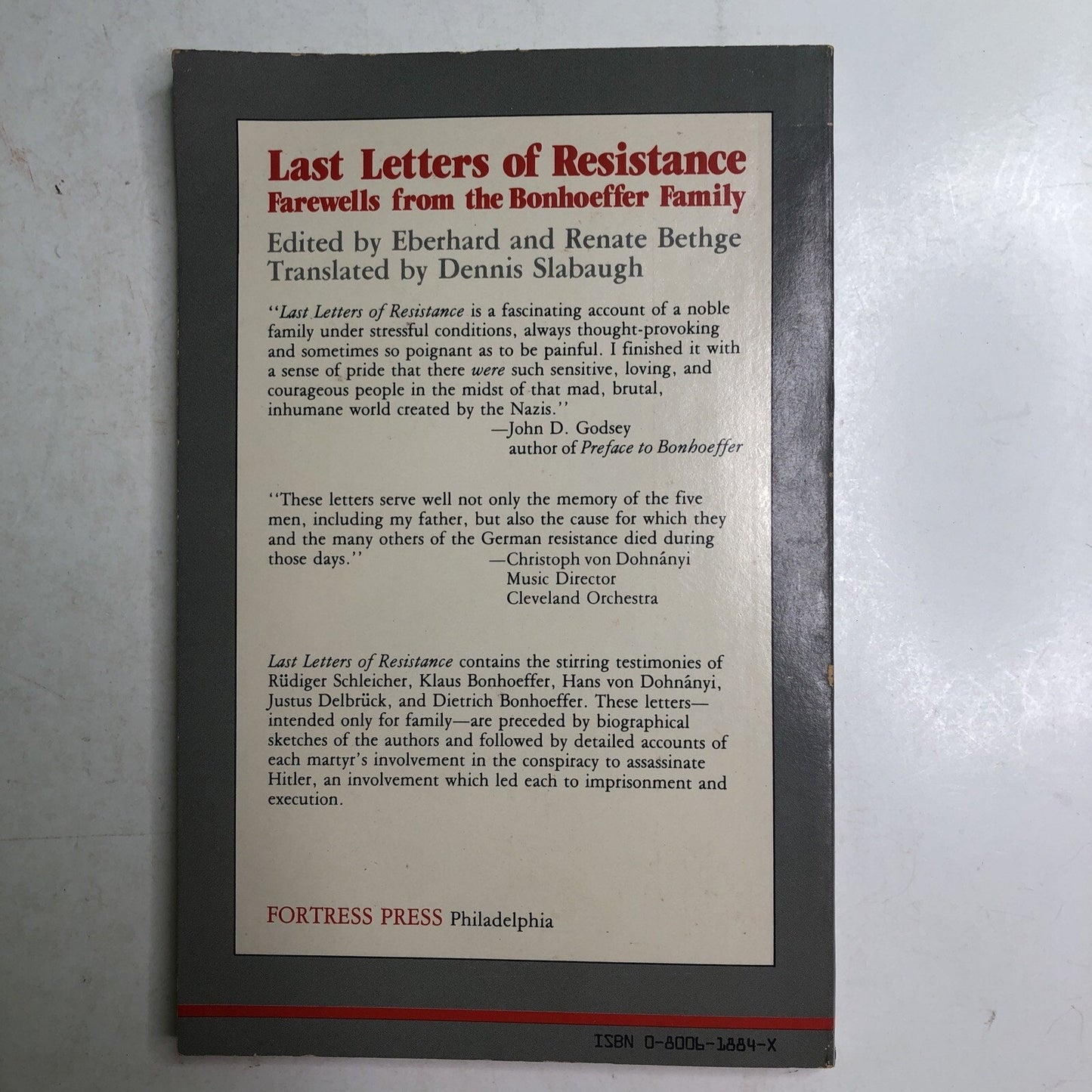 LAST LETTERS OF RESISTANCE: FAREWELLS FROM BONHOEFFER FAMILY By Eberhard Bethge