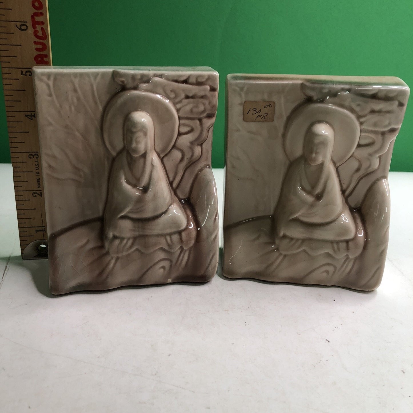Vintage Art Pottery Bookends USA Asian Buddah Chinese Design