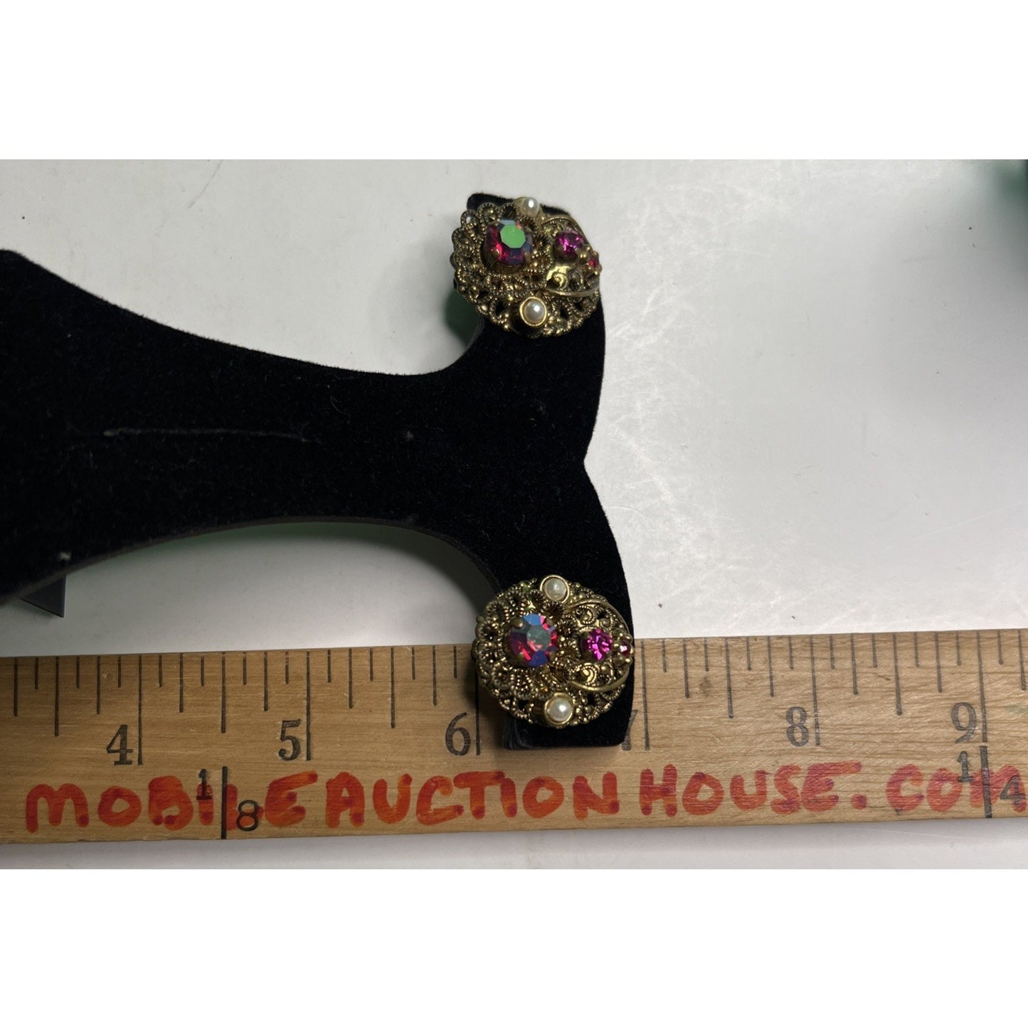 Antique Filigree West Germany Brass ClipOn Earrings w/ Faux Pearls & Rhinestones