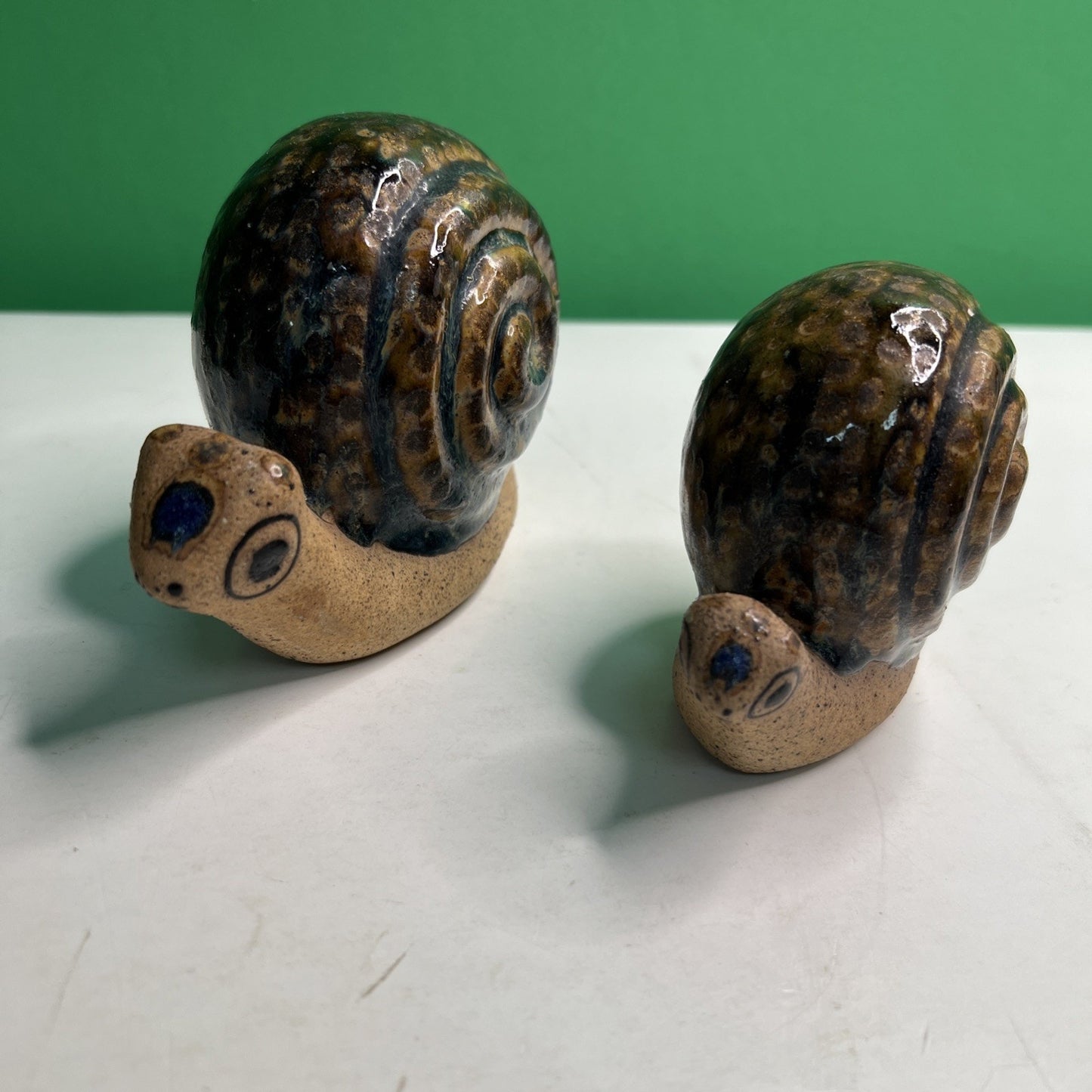 Lot 2 Pair Mexican Pottery Snails Marked Made in Mexico Snail Mottled Glazed