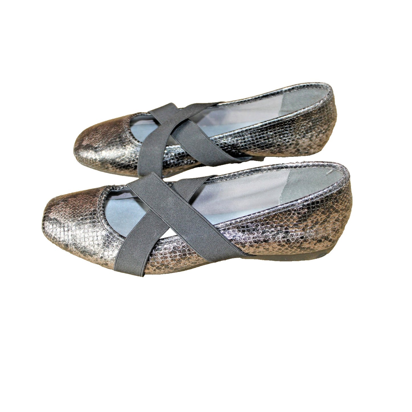 Aubrey Lynn Sz. 8 Ladies Flats, Black Grey Silver Reptile Print Balletcore Style