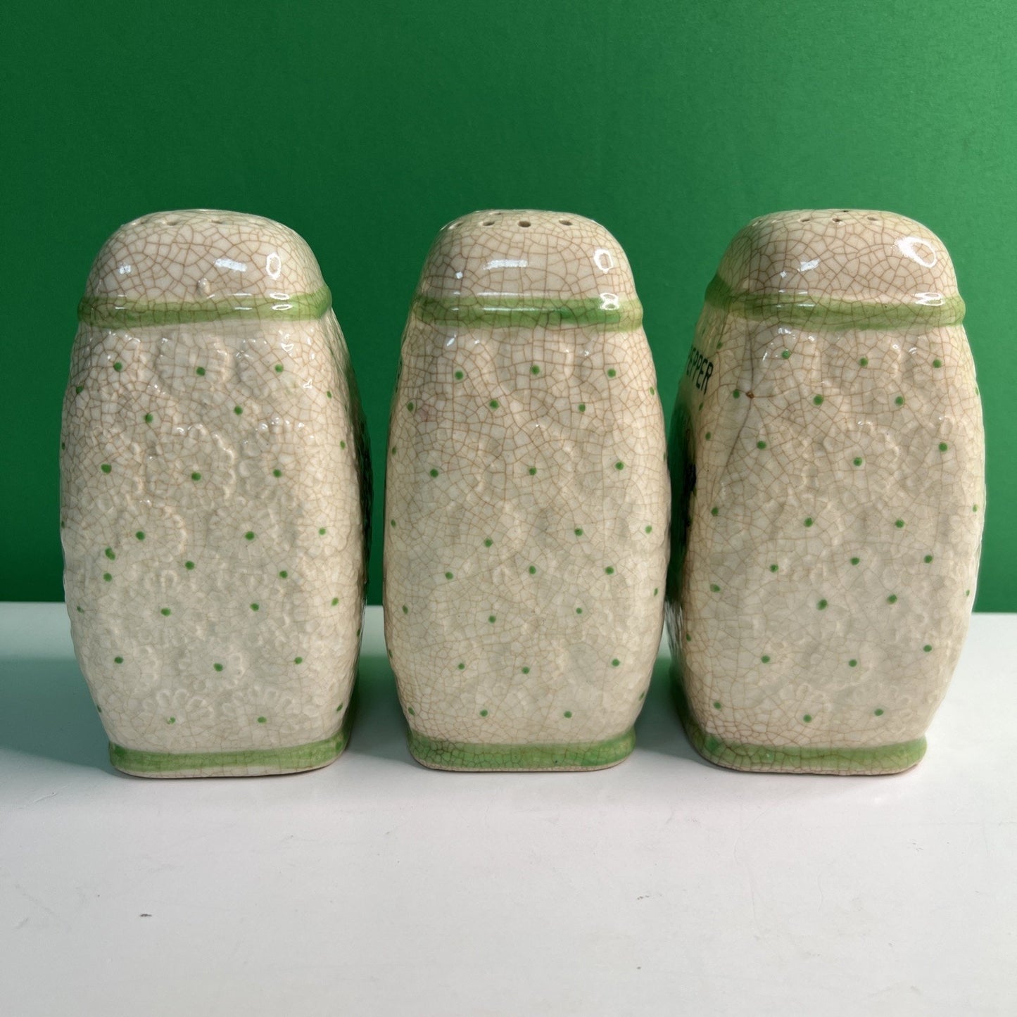 Vintage Japan Majolica Pepper Sugar Flour Shakers RARE