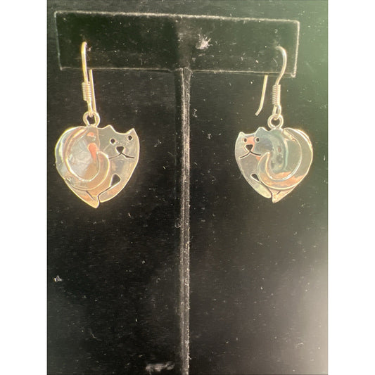 Vintage Sterling Silver Cat Earrings French Wire Mexico 925 Dangle