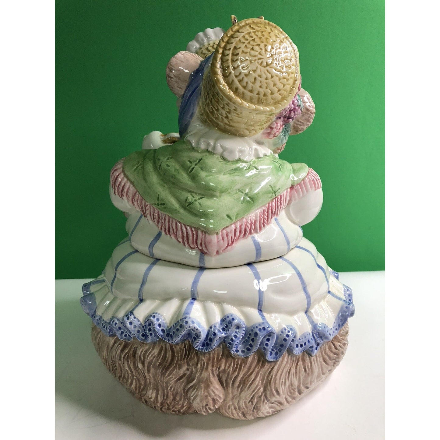 1991 FITZ & FLOYD Large Bonnet Bear COOKIE JAR Bees Honey Pot Blue Ribbon