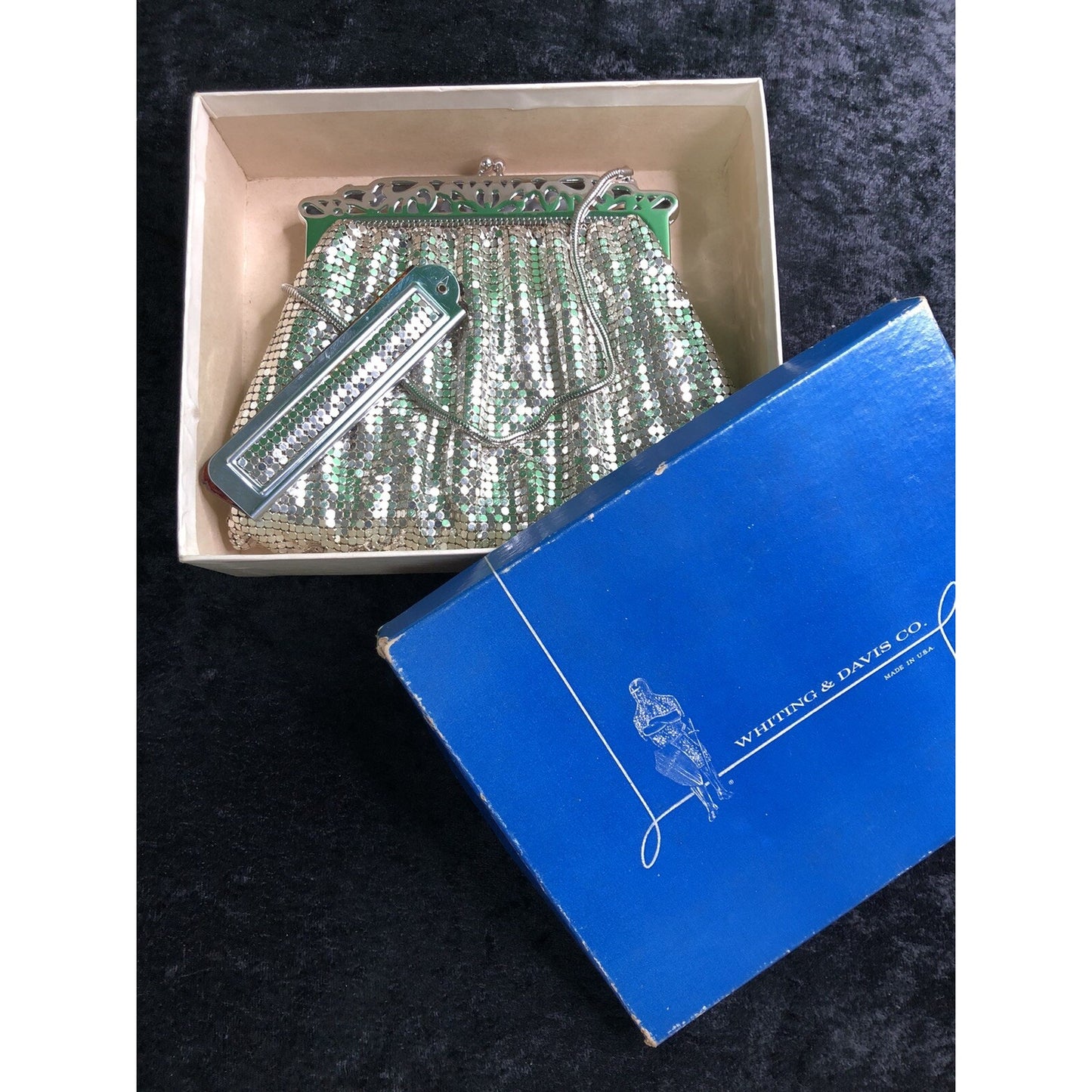 Vintage Set Whiting & Davis Silver Mesh Purse Kiss Lock w/ Box & Folding Comb
