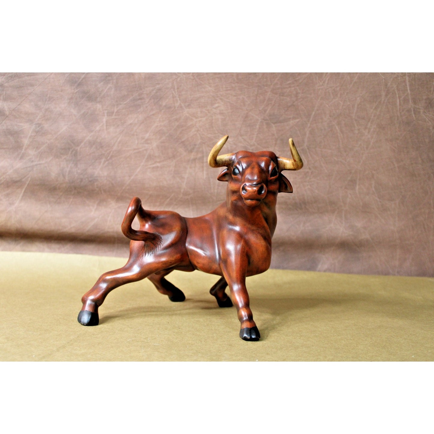 Vintage Hand-painted Ceramic Bull Figurine, Mid Century, signed, 10 inches