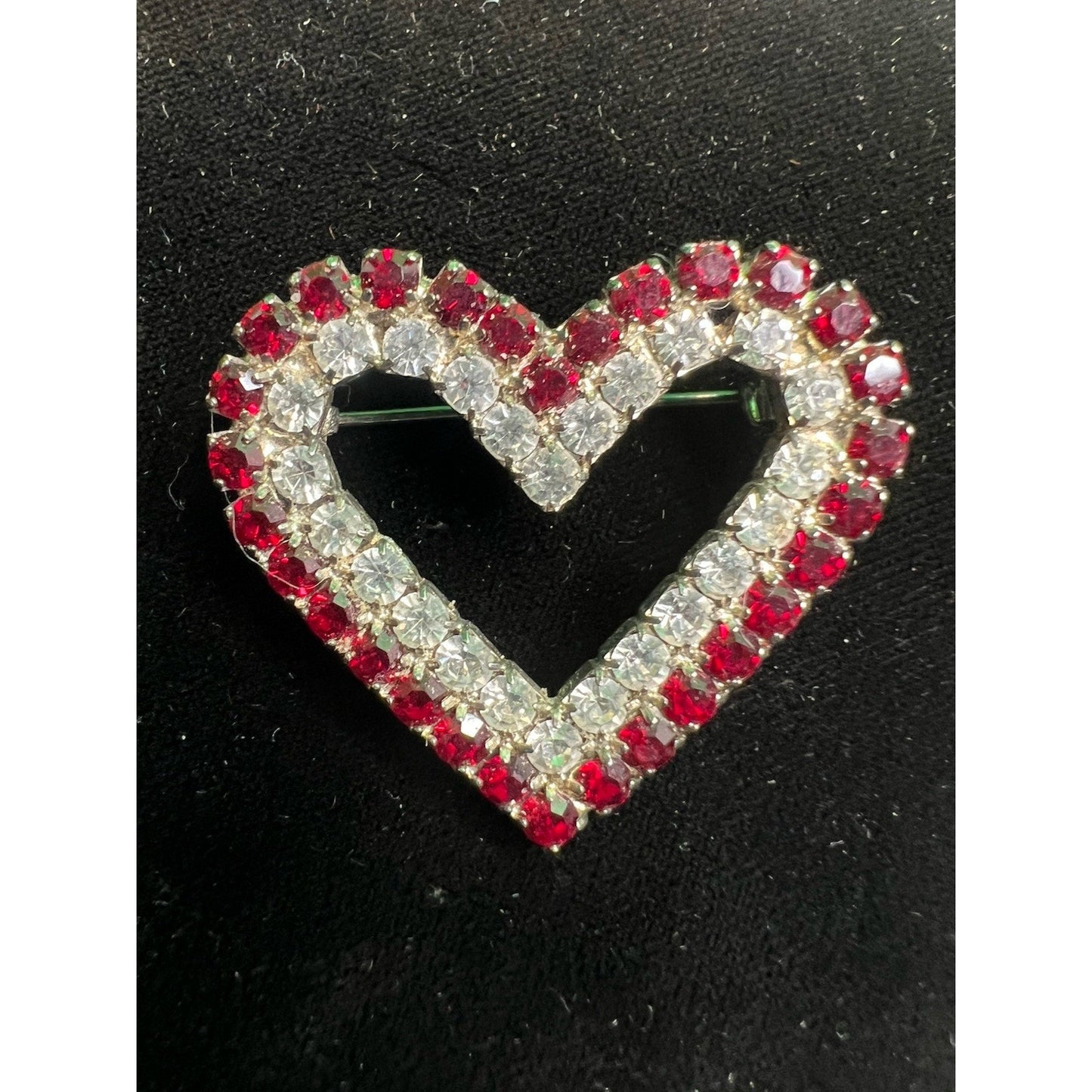 Vintage Heart Lapel Scarf Brooch Pin Rhinestones Costume Jewelry 1.5” Wide