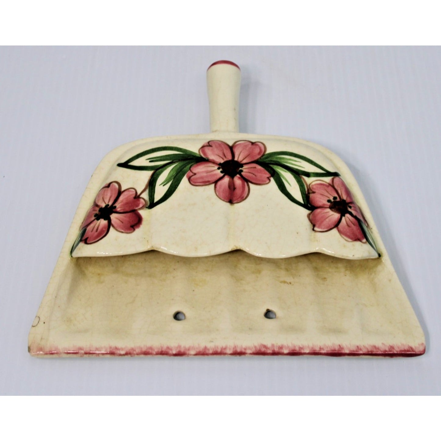Vintage Dust Pan Wall Pocket, Hand-Painted Pink Floral 8.5" Cottage Grandma Chic