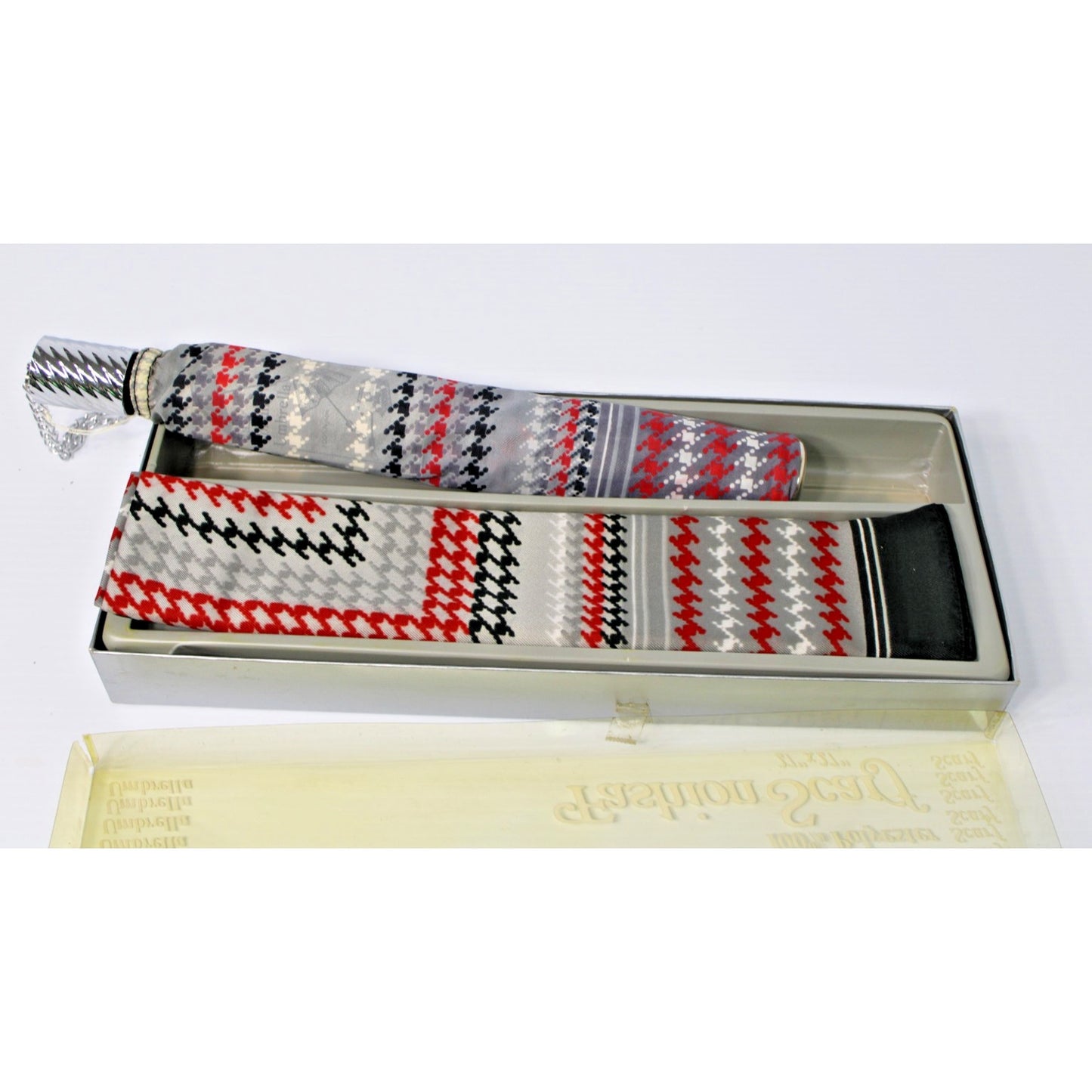 Vintage NOS Umbrella and Fashion Scarf Set, Black White Red Grey Houndstooth