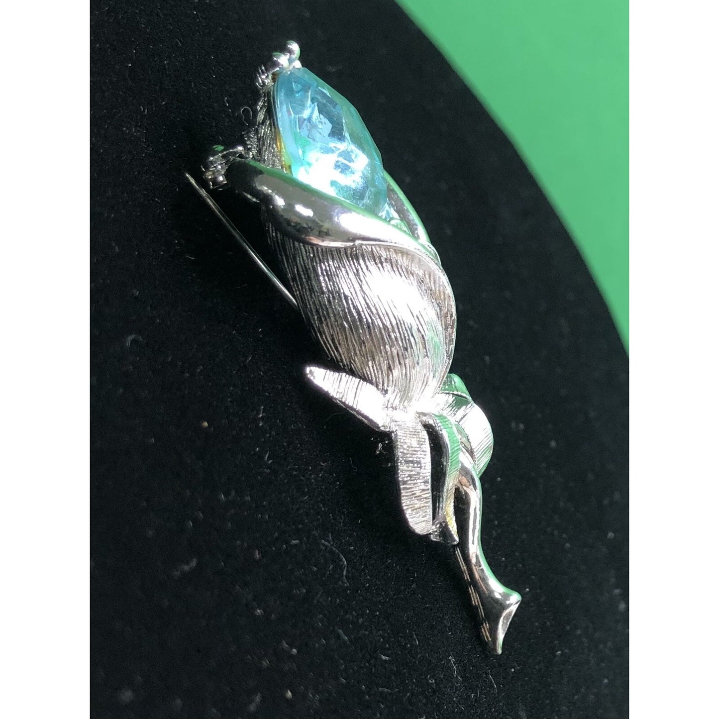 Vintage Emmons Floral w/ Blue Stone Silver Tone MCM Brooch Flower