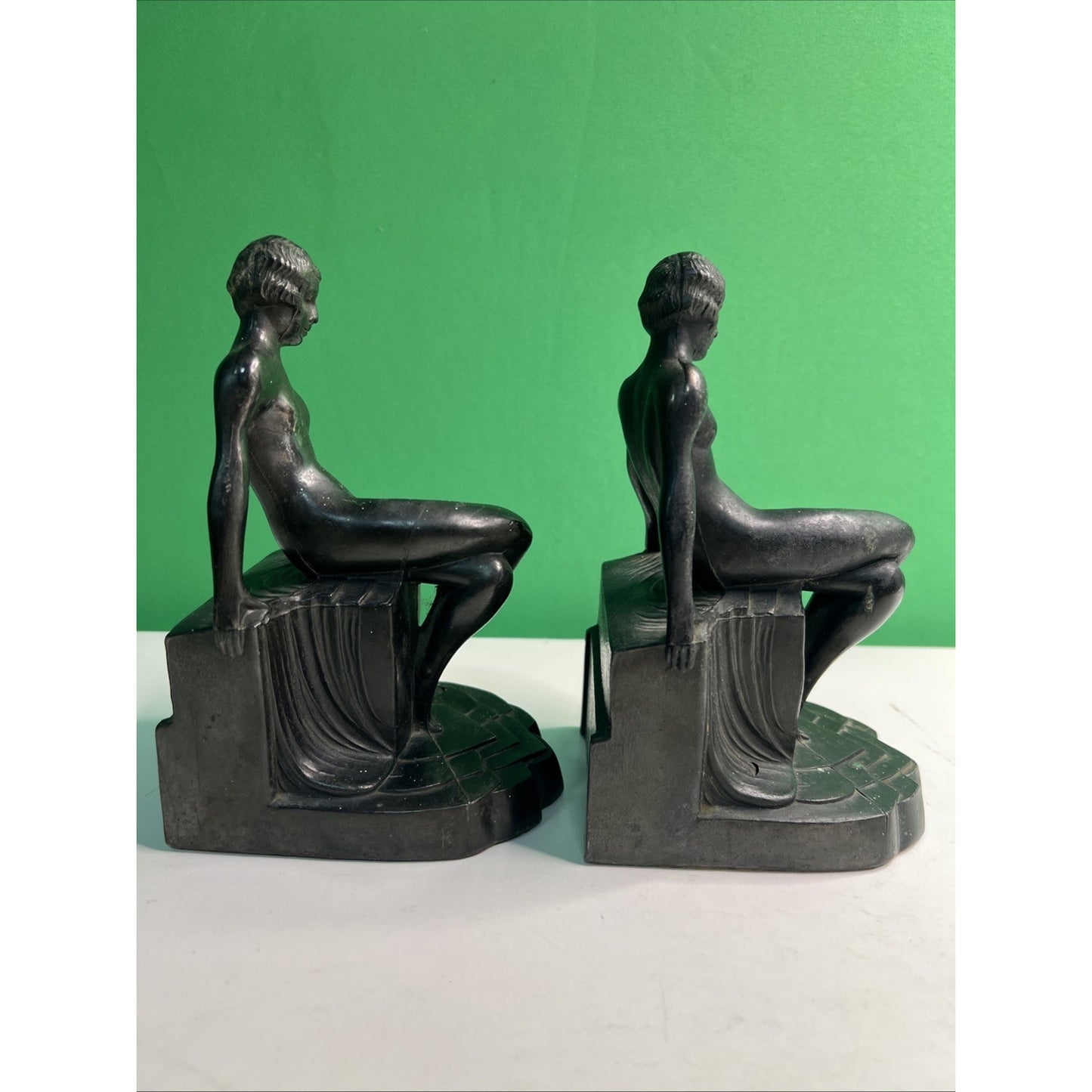 Art Deco 1930's Pair of Nude Flapper Girls Spelter Metal Bookends
