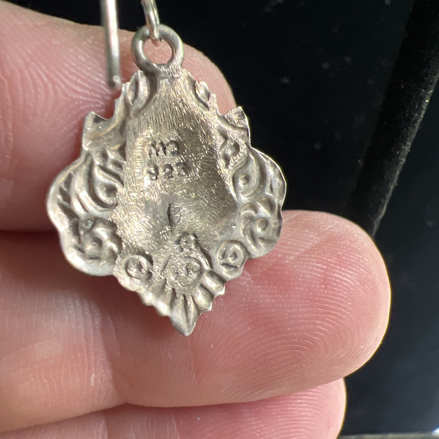Vintage Ornate Sterling Silver Shield Medallion Earrings Dangle Drop French Wire