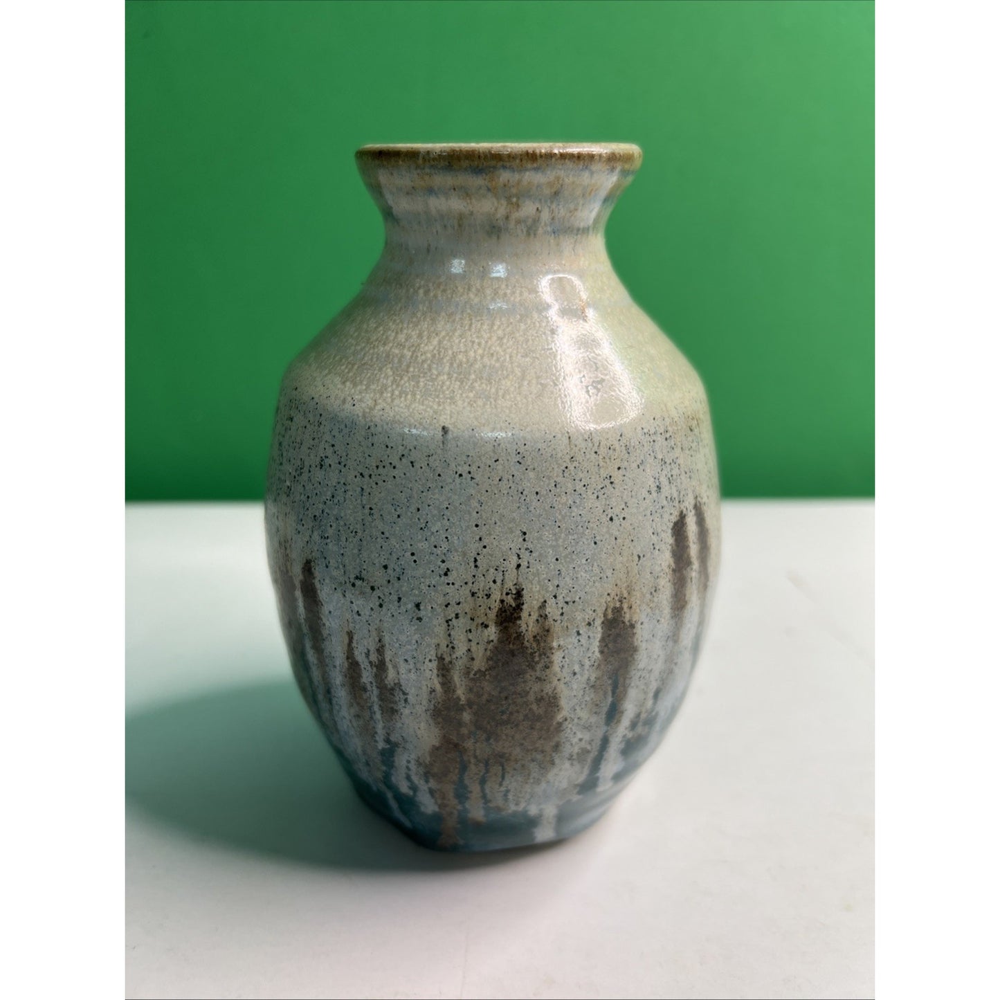 Studio Art Pottery Ceramic Blue And Earthen Hues Drip Glazed Vintage Vase