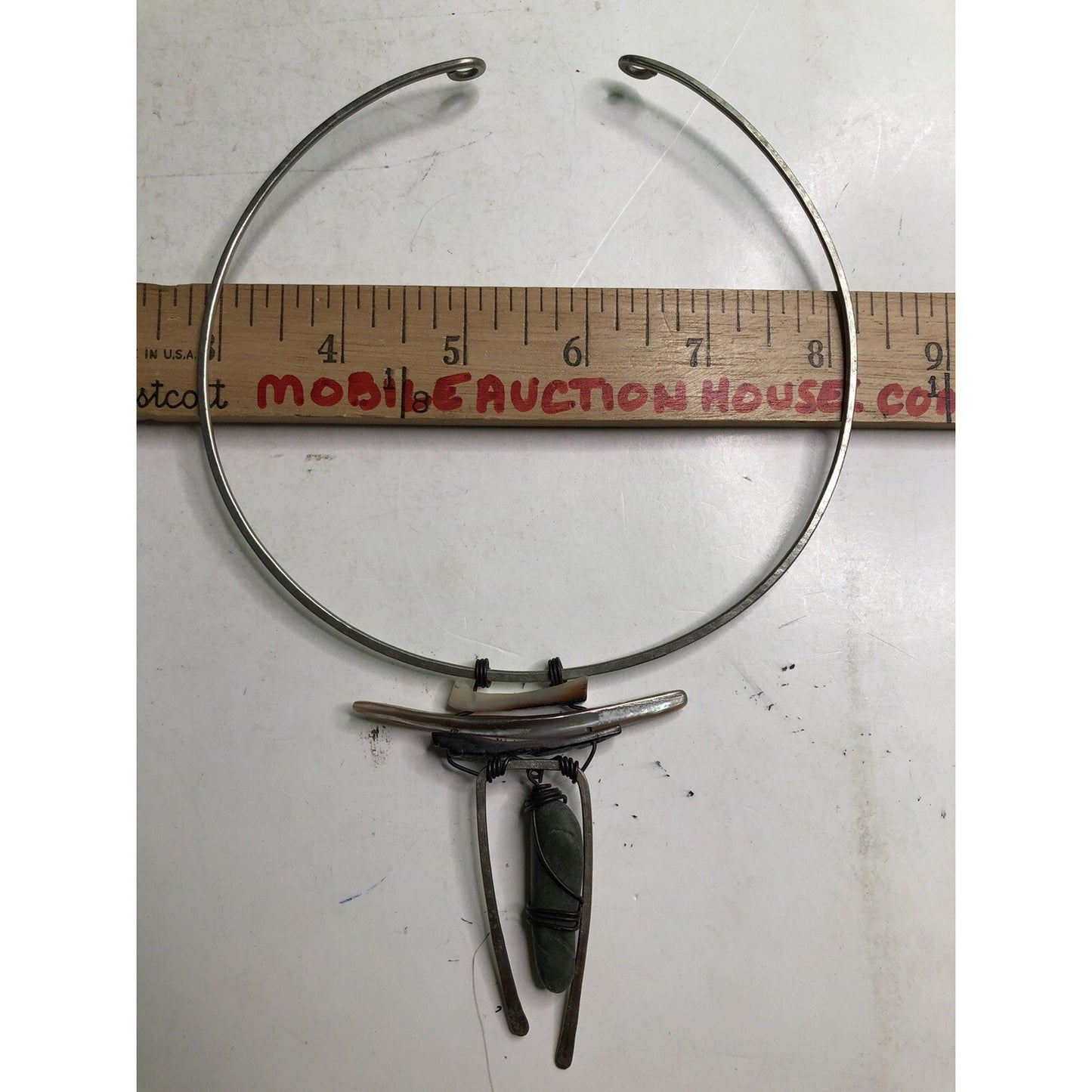 Vintage Stone Shell Metal Wire Wrapped Collar Choker Necklace Pendant