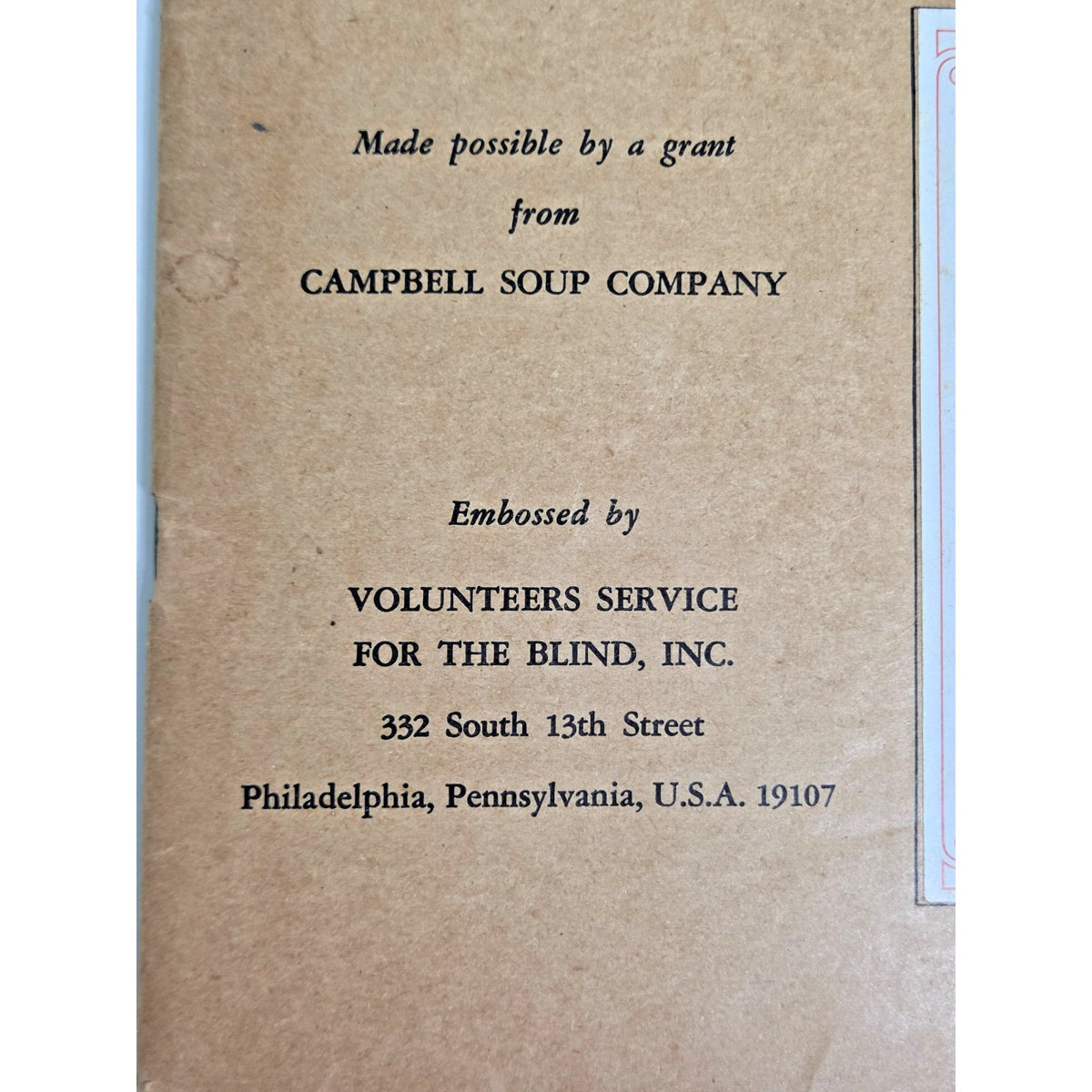 Rare 1968 Campbell Soup Braille Cookbook Vintage Accessibility History ADA