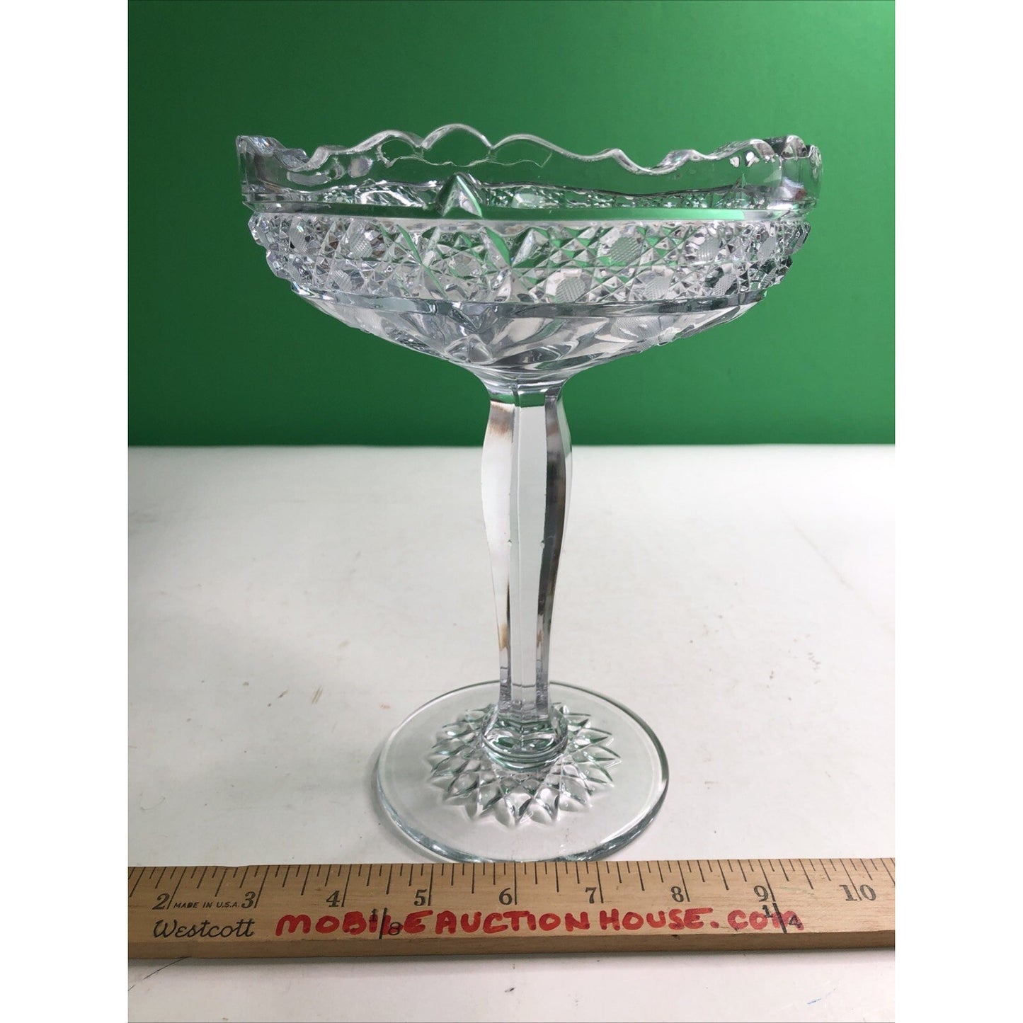Beautiful Cut Glass Pedestal Compote Etched Flowers 8” Scalloped Edge
