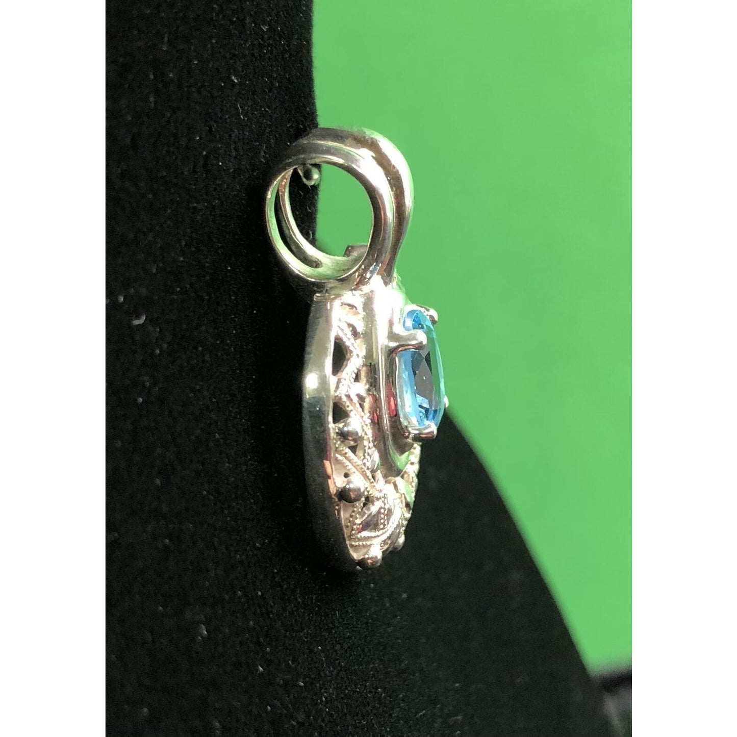Openwork Filigree Blue Topaz Pendant Signed CNA Sterling Silver 925