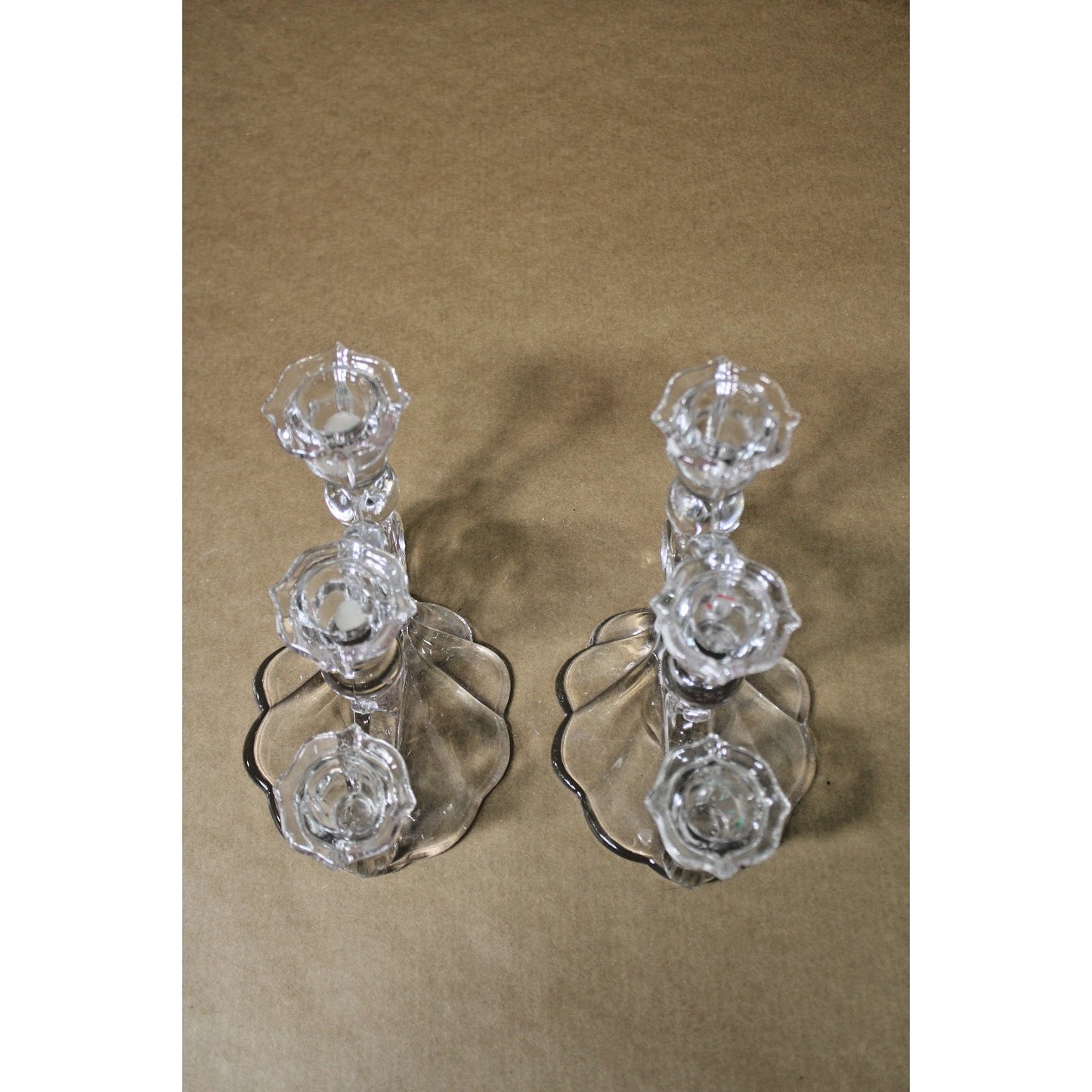 2 Vintage Cambridge Caprice 3 Light Candelabra Clear Glass Candle Holders 1950s