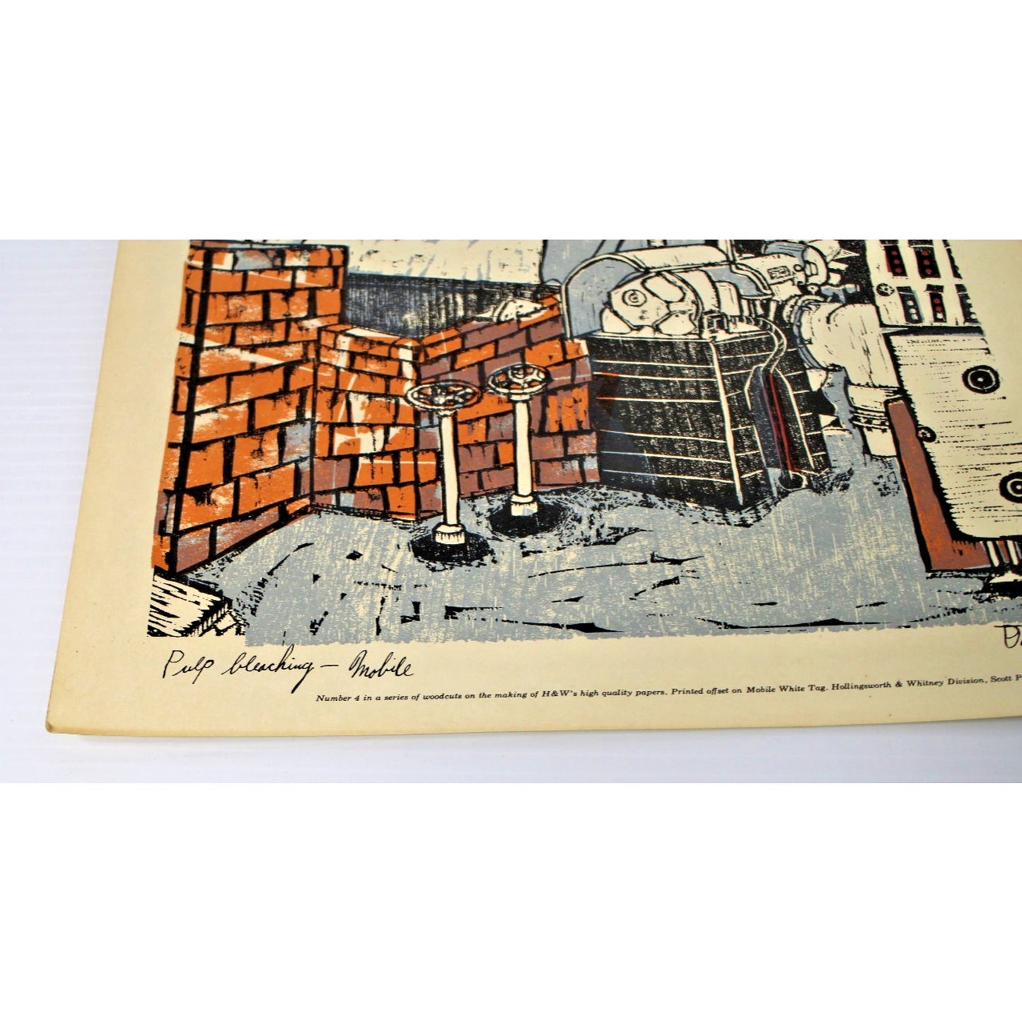 Vintage Woodcut by Ted Davies- Scott Paper Co. Mobile, AL Pulp Bleaching 14"x11"