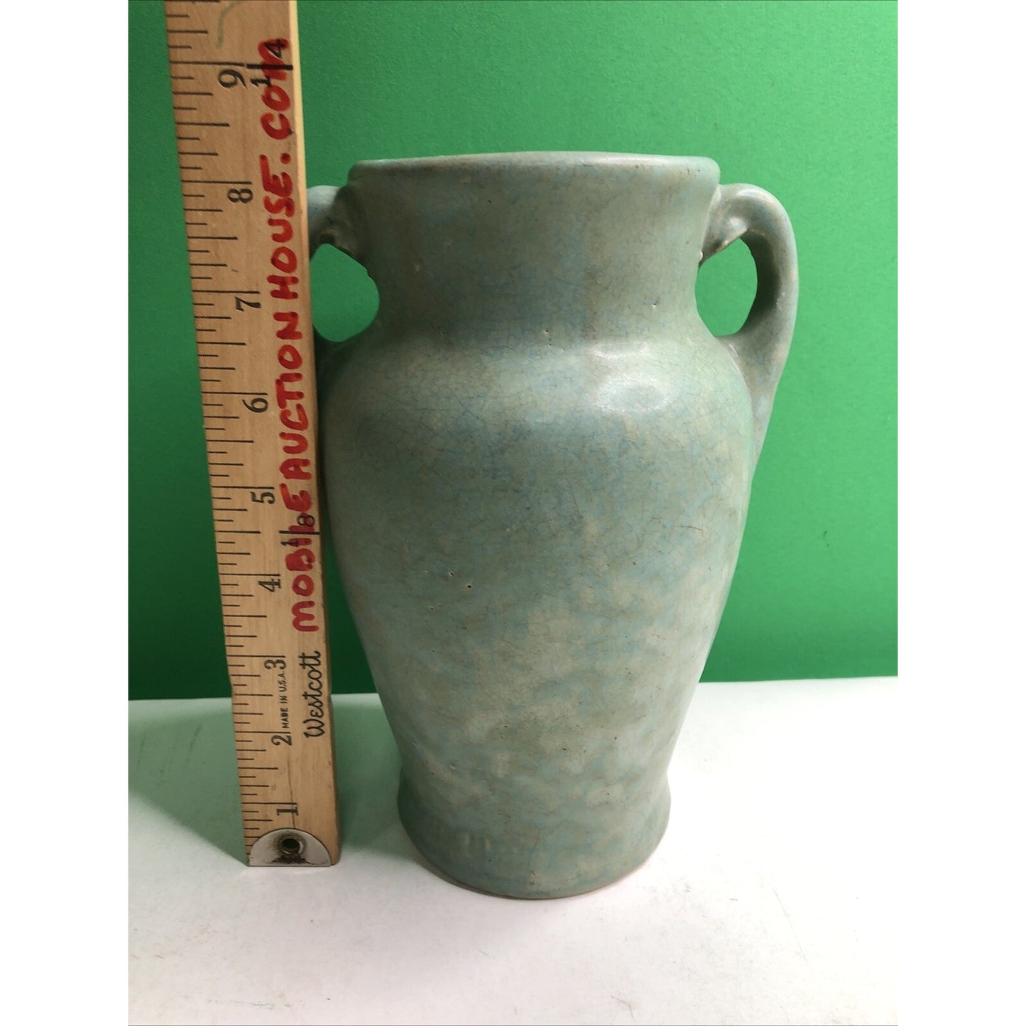 Brush McCoy 1930s Vintage Art Deco Pottery Mottled Green Cream Ceramic Vase
