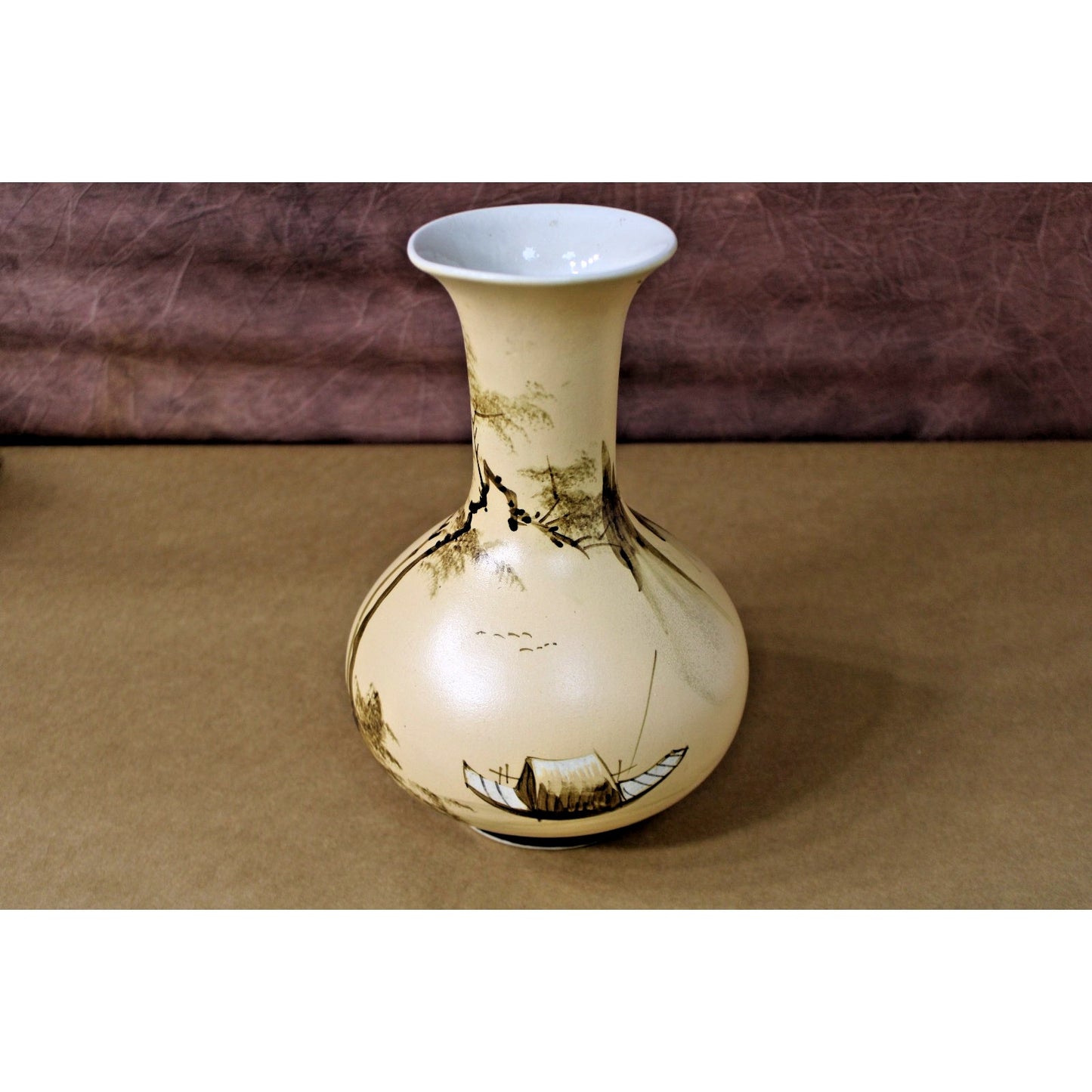 Handpainted Pottery Vase, Tan Brown Asian Theme, "RH" stamp, 11" H