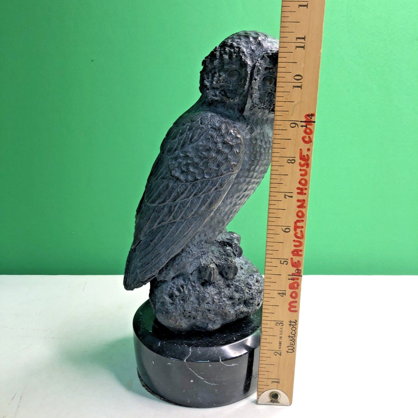 Realistic MCM Owl Bronze Sculpture Black Marble Base 11.25” Tall- 13 Pounds Bird