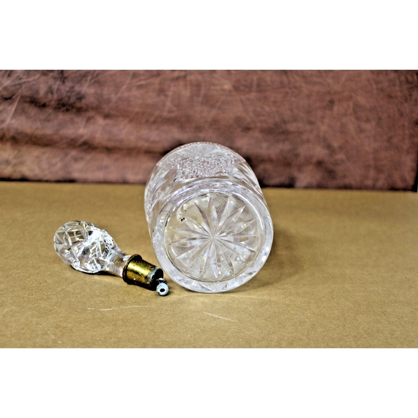 Vintage Lead Crystal Decanter Starburst Etched 12.5” H With Brass Bell Stopper