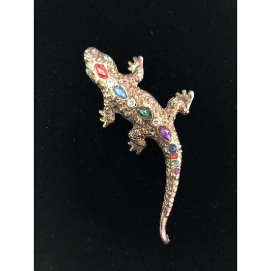 Vintage Gold Tone Multicolored Rhinestone Lizard Gecko Brooch Pin