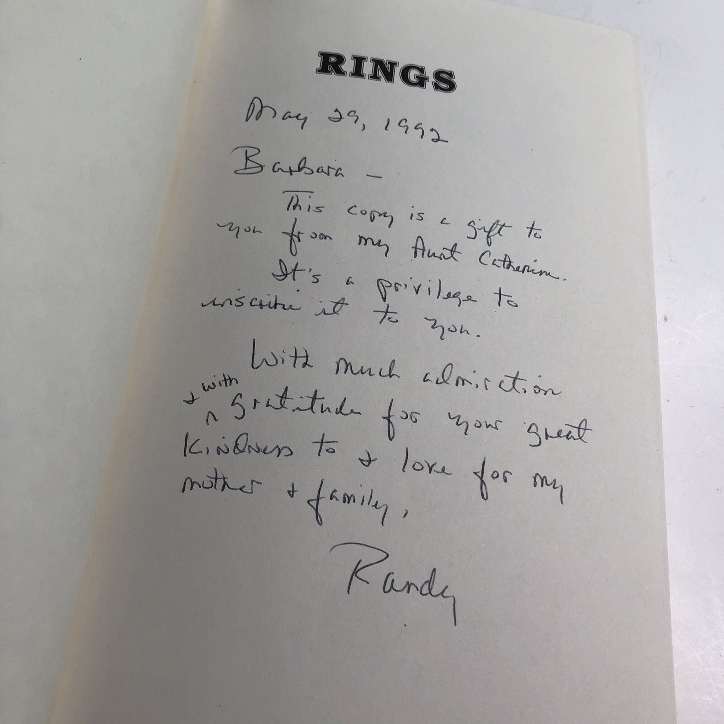 Signed RINGS: ON THE LIFE AND FAMILY OF A SOUTHERN FIGHTER By Randolph Bates