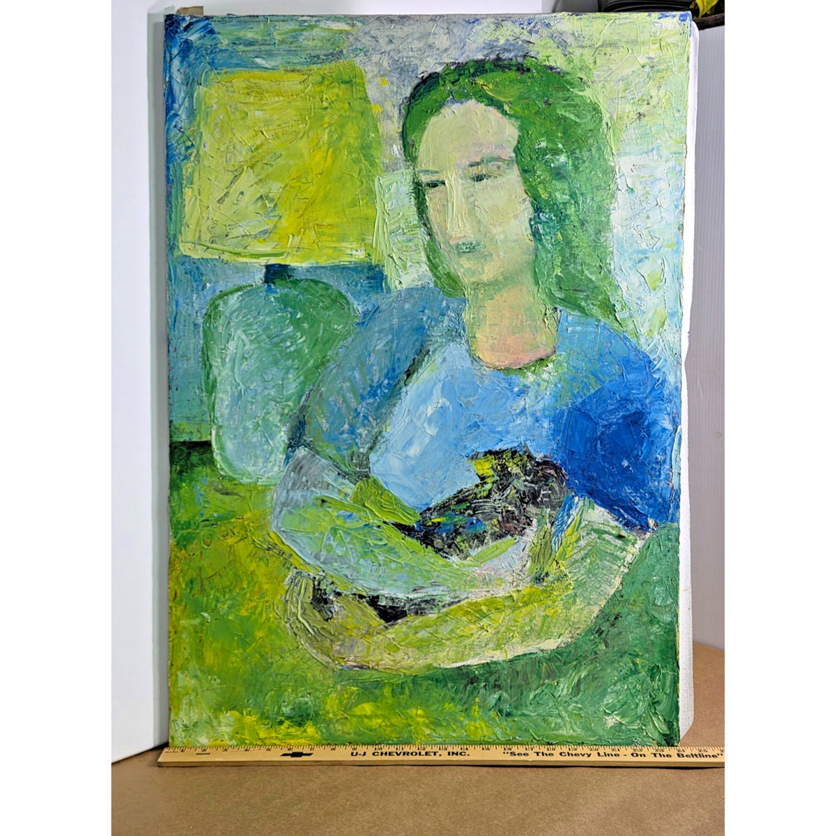 Vintage Mid-Century Impasto Portrait - Woman with Black Cat - 24"x34" Painting