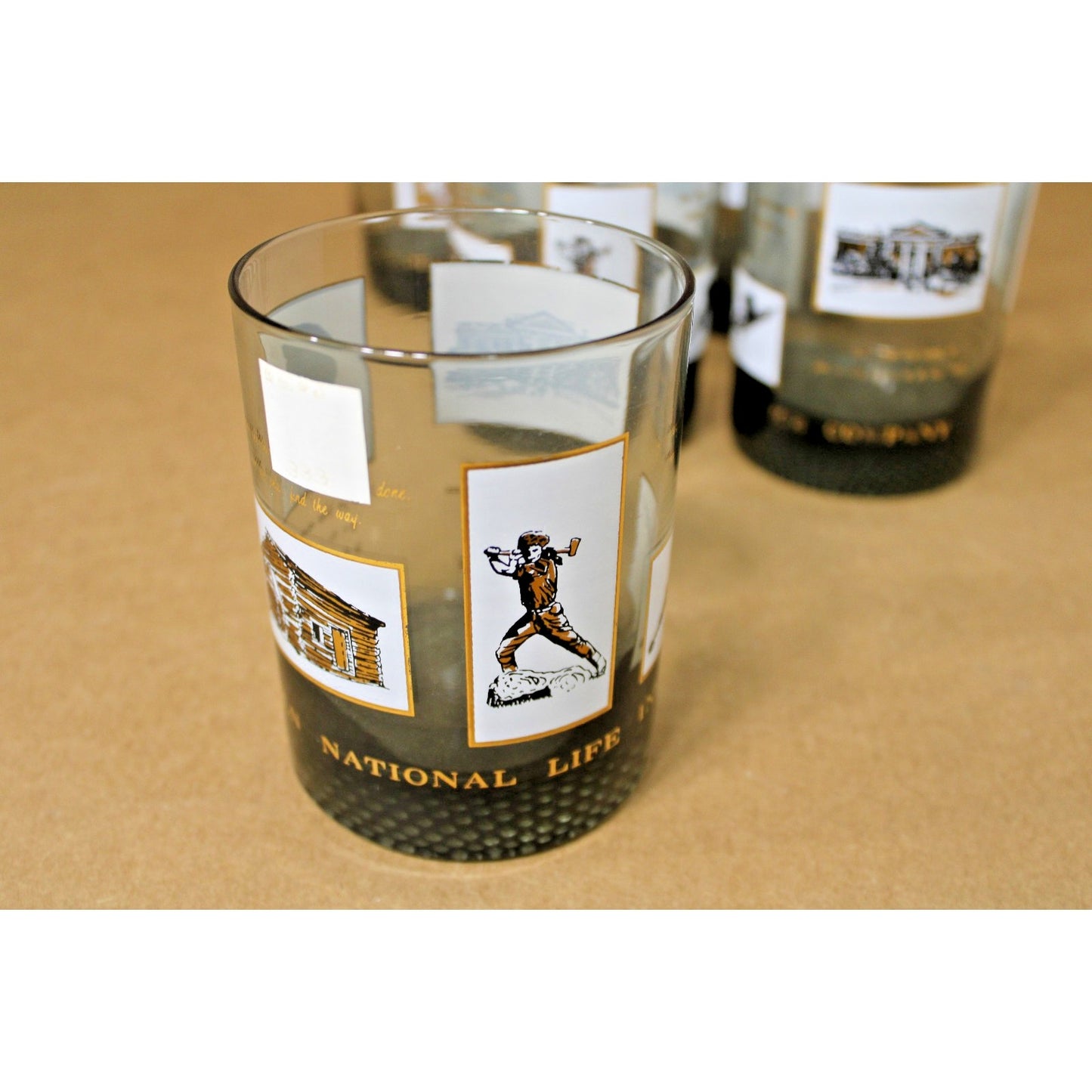 VTG Smoked Glass Gold Drinkware/ Whiskey Glasses, Lincoln National Life Advert.