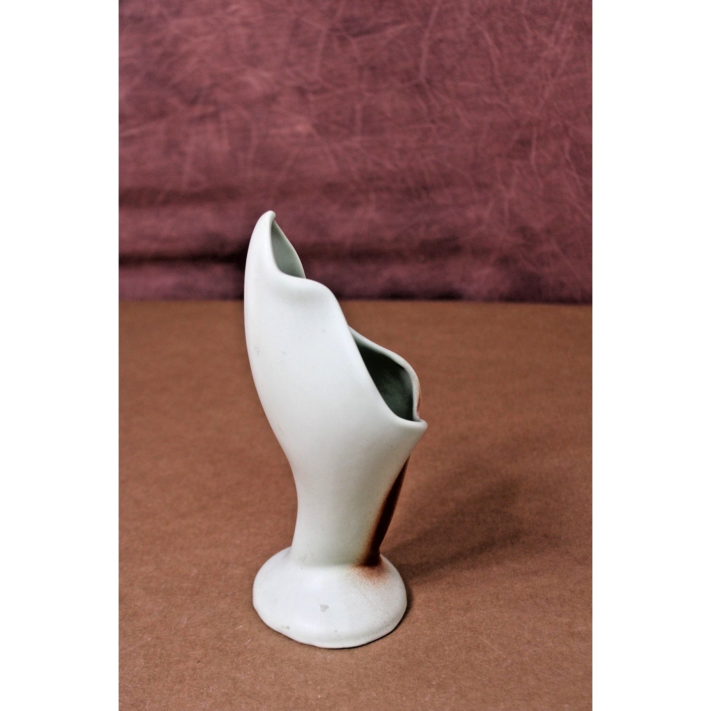 Vintage MCM Abstract Amorphous Matte Green Vase with Brown Accent, 8"H