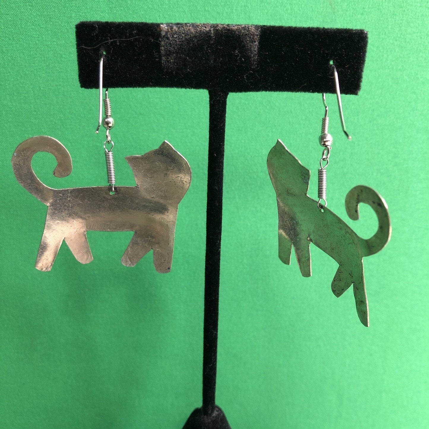 Vtg Mexican Silver CAT Drop Earrings Intricate Stamped Detail Pierced Hook Wire