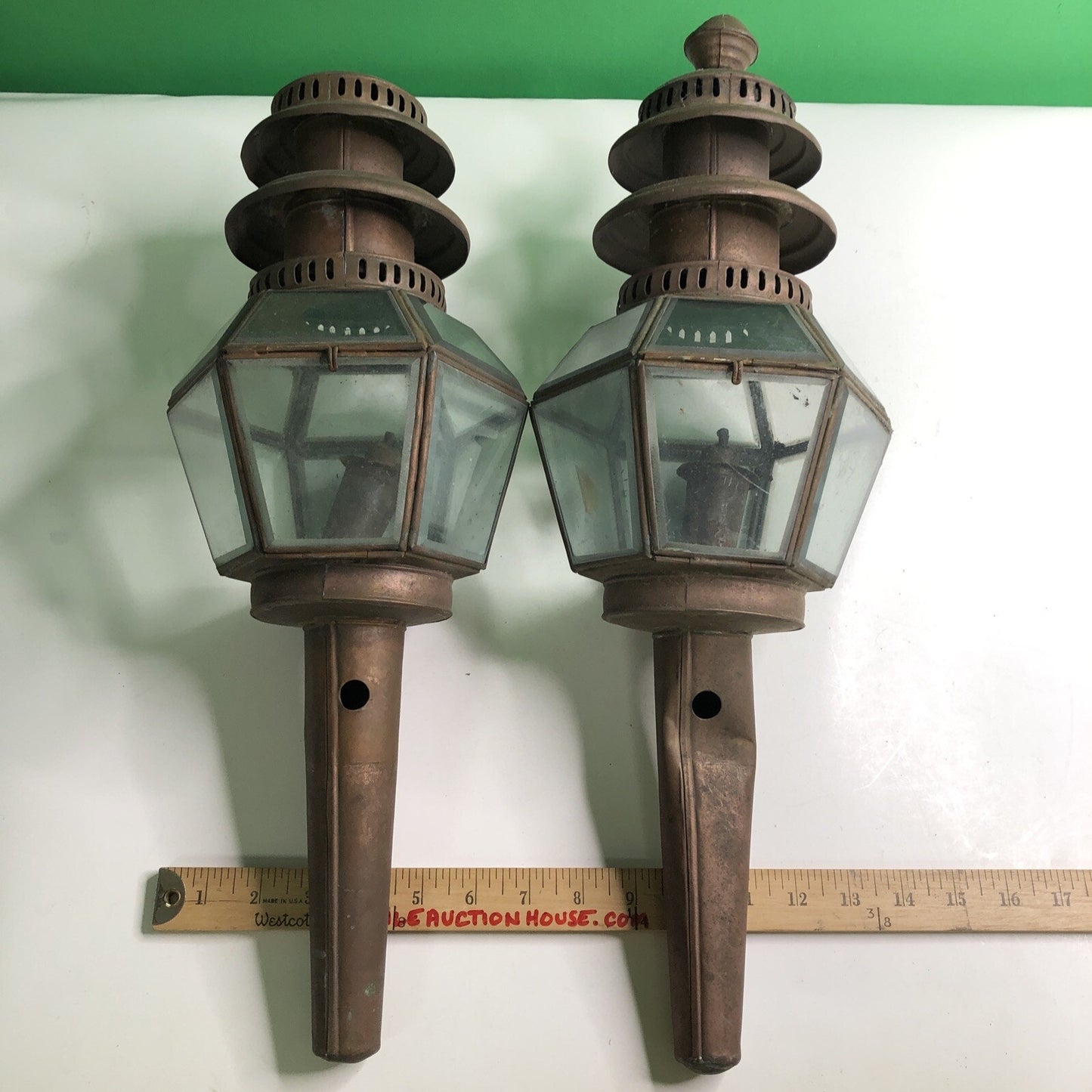 Pair Of Antique Copper Oil Carriage Lamps Buggy Lantern Lights Beveled Glass