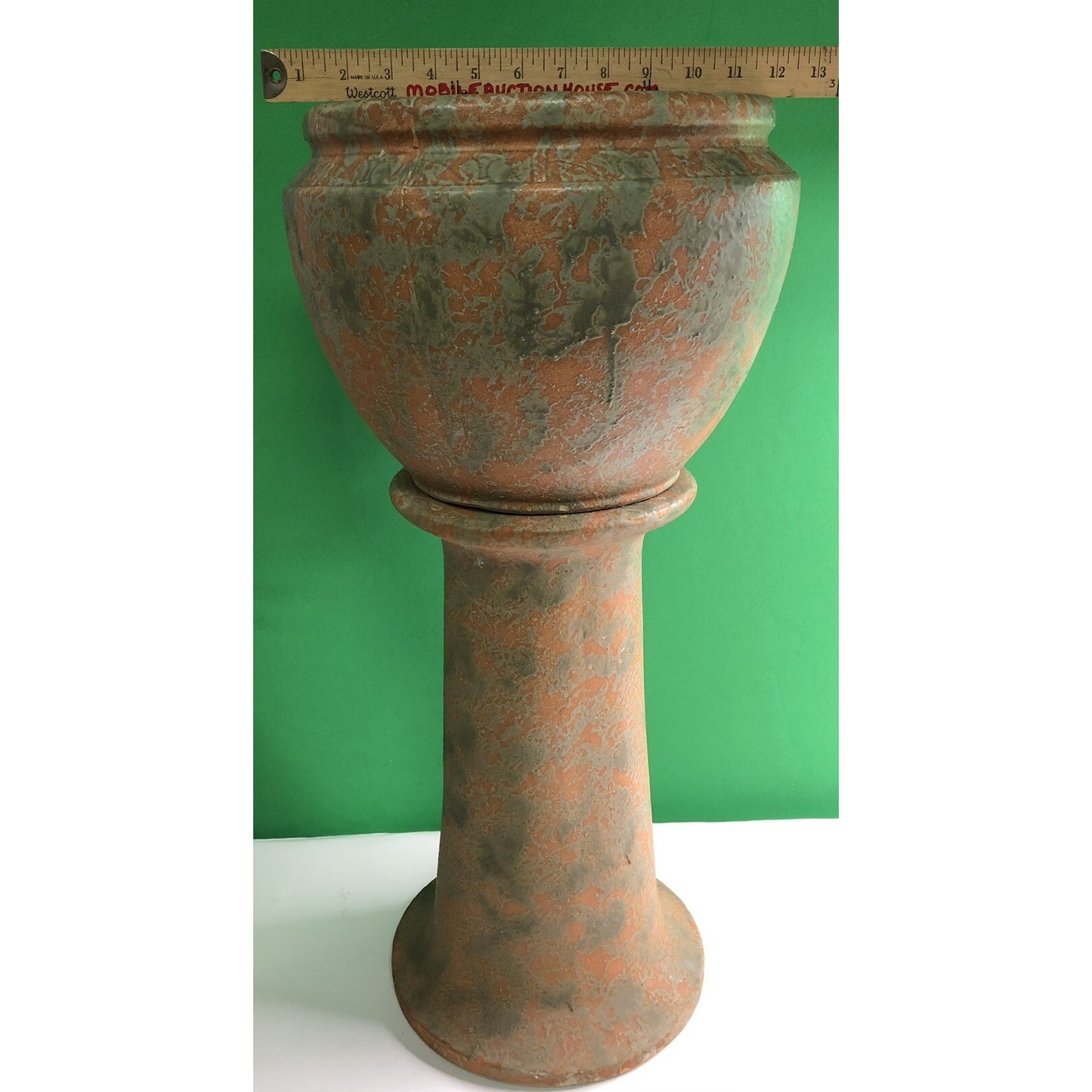 Vintage Burley Winter Large Jardiniere With Pedestal Mottled Orange & Green