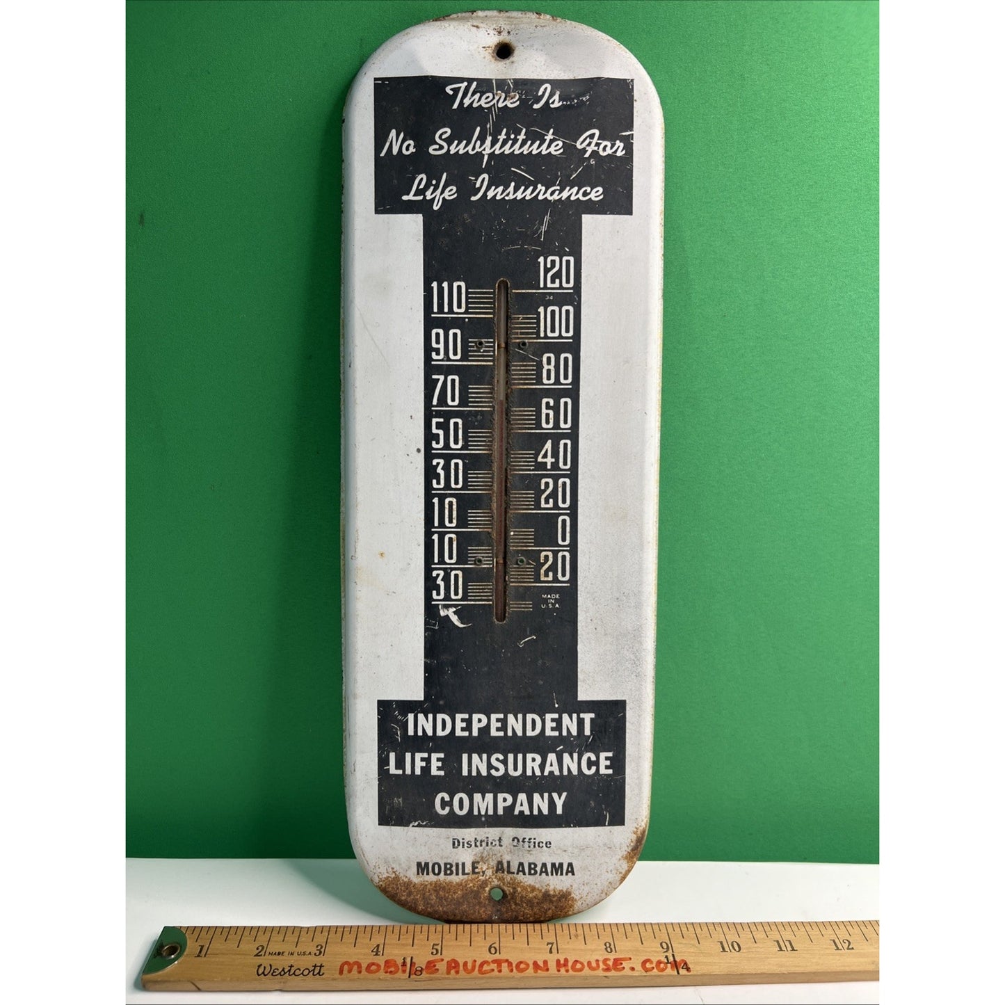 Vtg MOBILE ALABAMA Independent Life Insurance Co Thermometer Sign Advertising