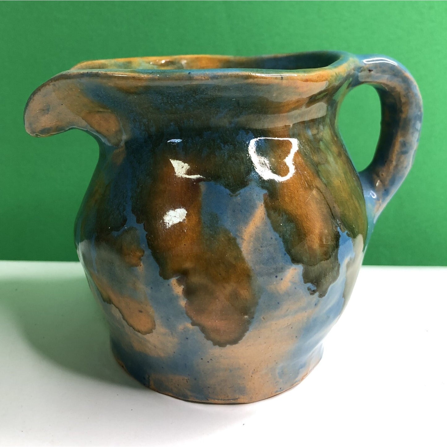1940 Fairhope AL Art Pottery Pitcher Creamer By Georgia Drip Glaze Blue Orange