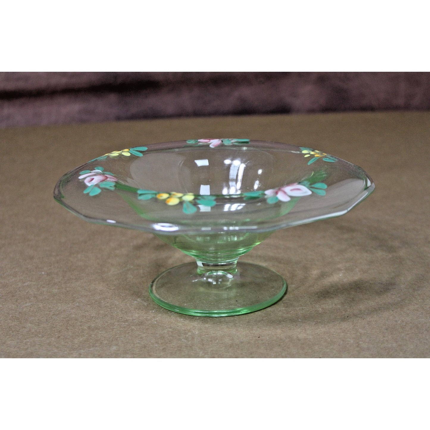 Vtg Bohemian Green Uranium Footed Compote Candy Dish Hand Painted Floral Design