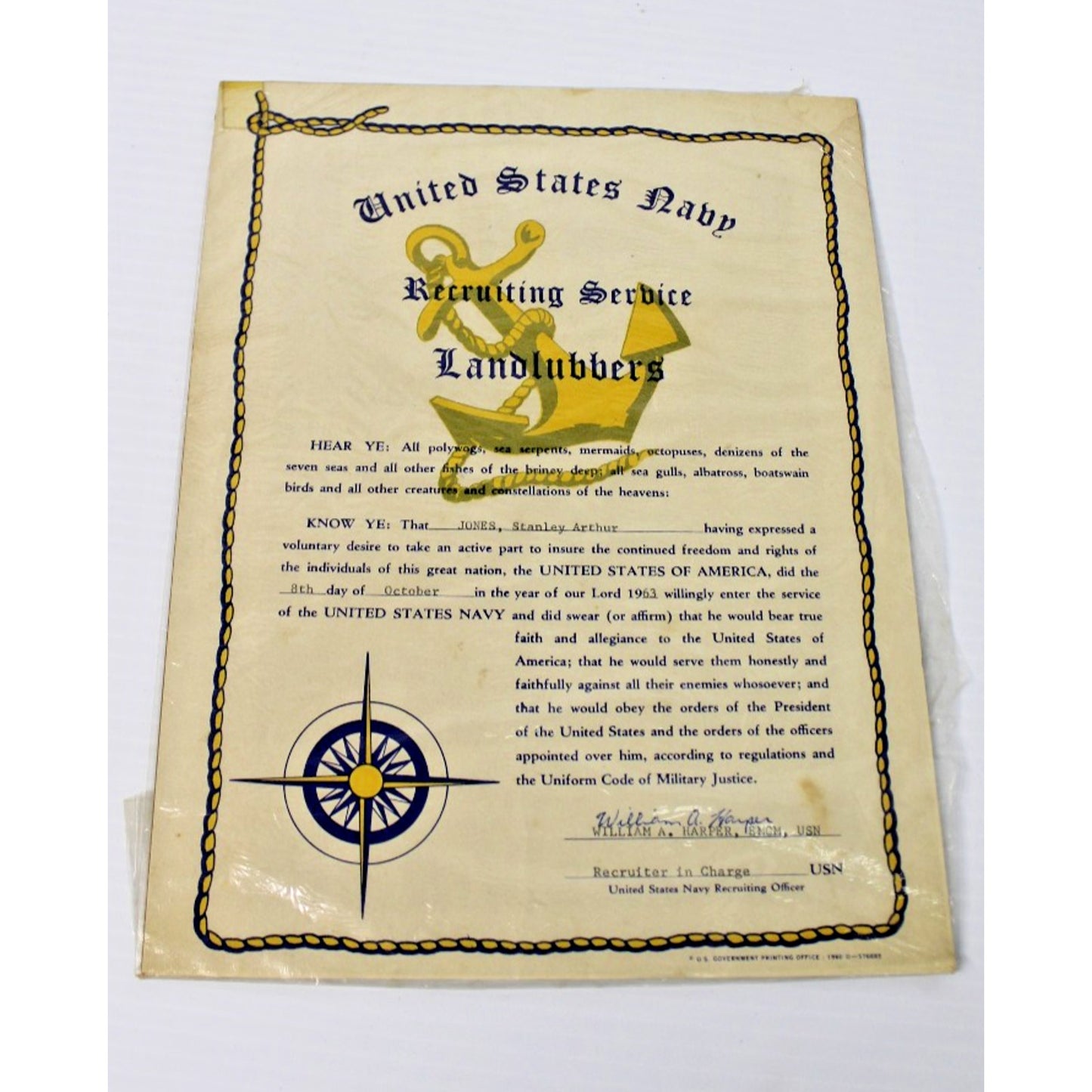 1963 United States Navy Recruiting Service Landlubbers Certificate, 1960s USN