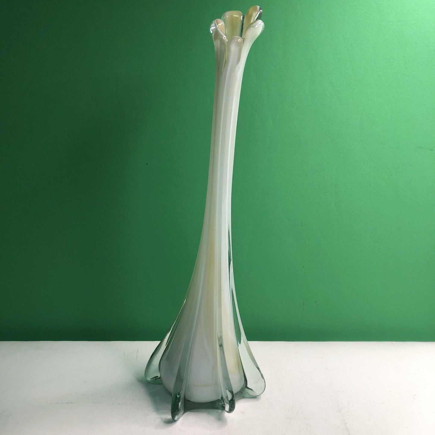 Vintage MCM Swung Glass Vase White Cream Clear 17.75” Tall Mid Century