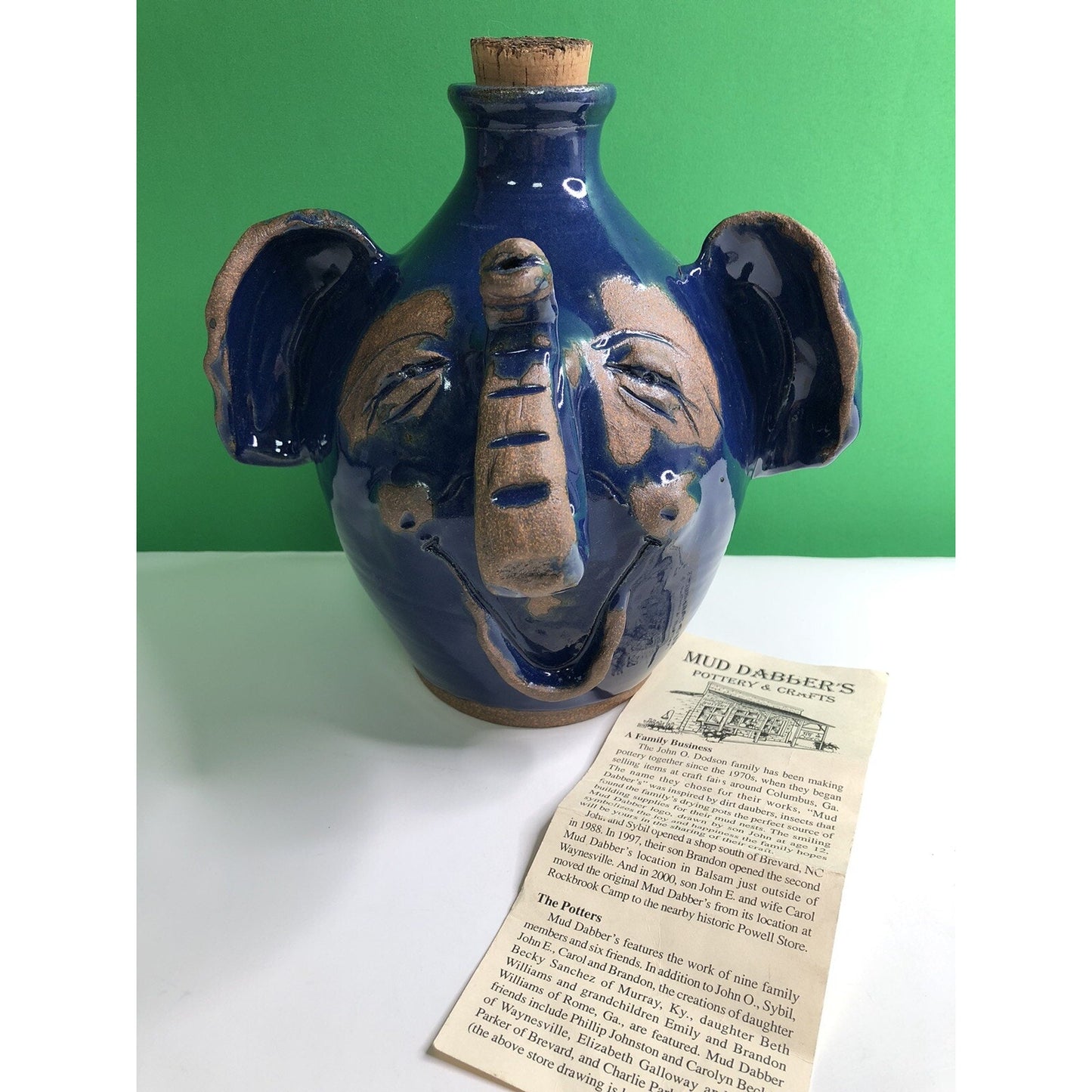 Vintage MUD DABBER’S ELEPHANT JUG North Carolina Art Pottery With Flyer
