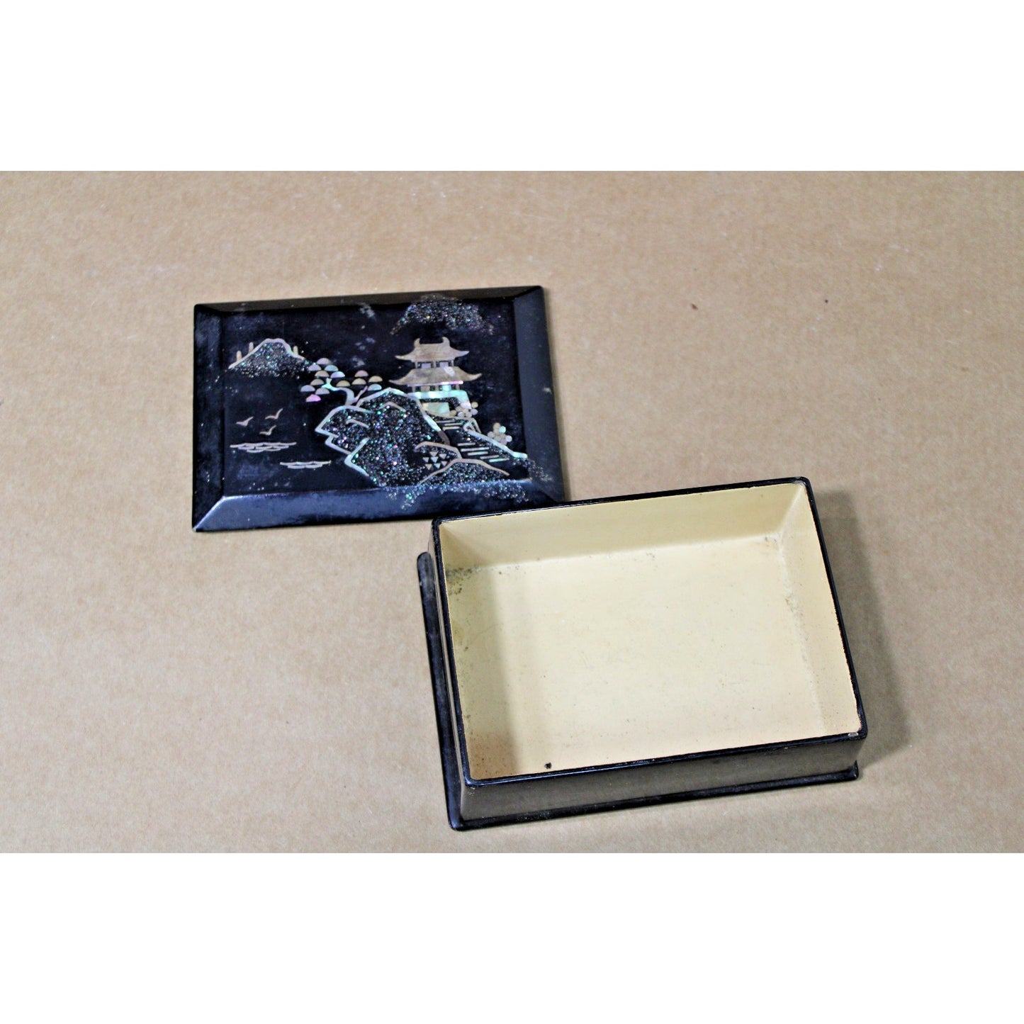 Asian Motif Trinket Box, Inlaid Abalone Shell Over Ceramic Covered Metal