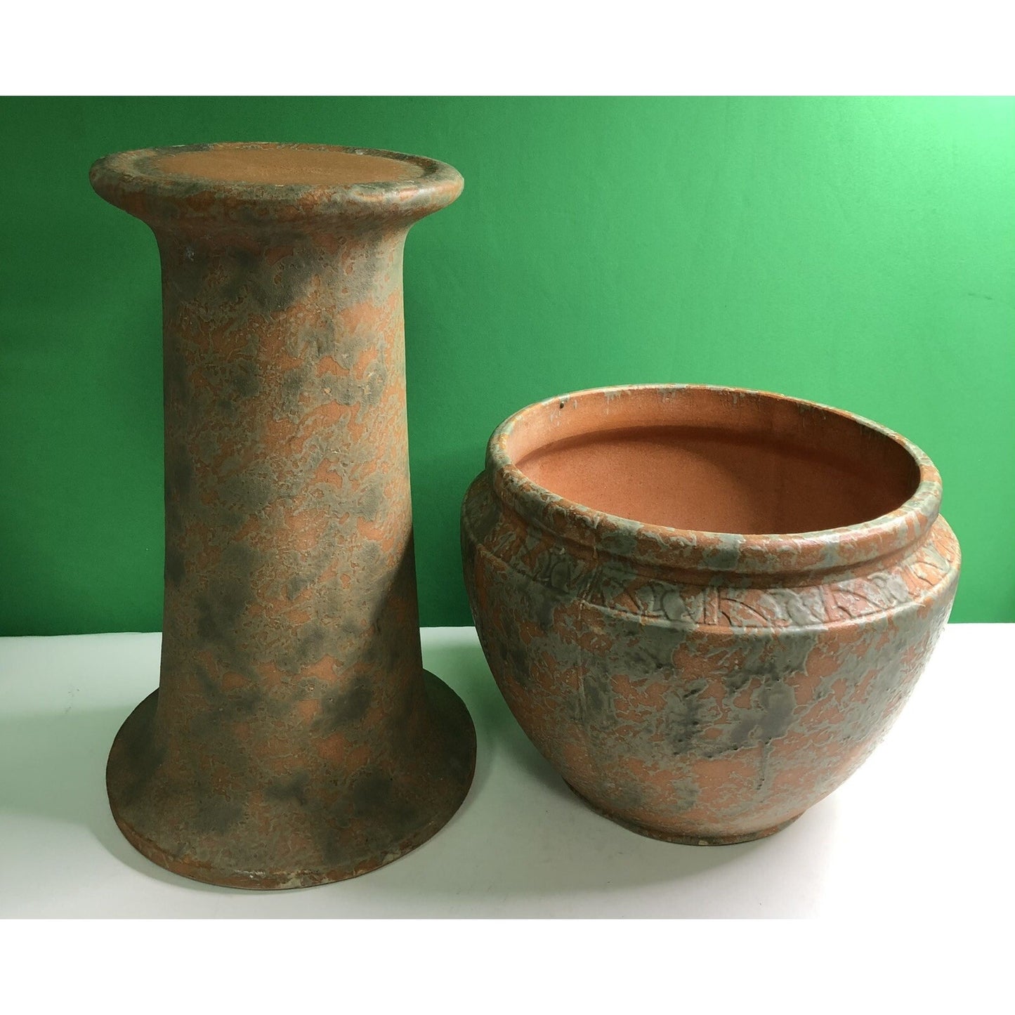 Vintage Burley Winter Large Jardiniere With Pedestal Mottled Orange & Green