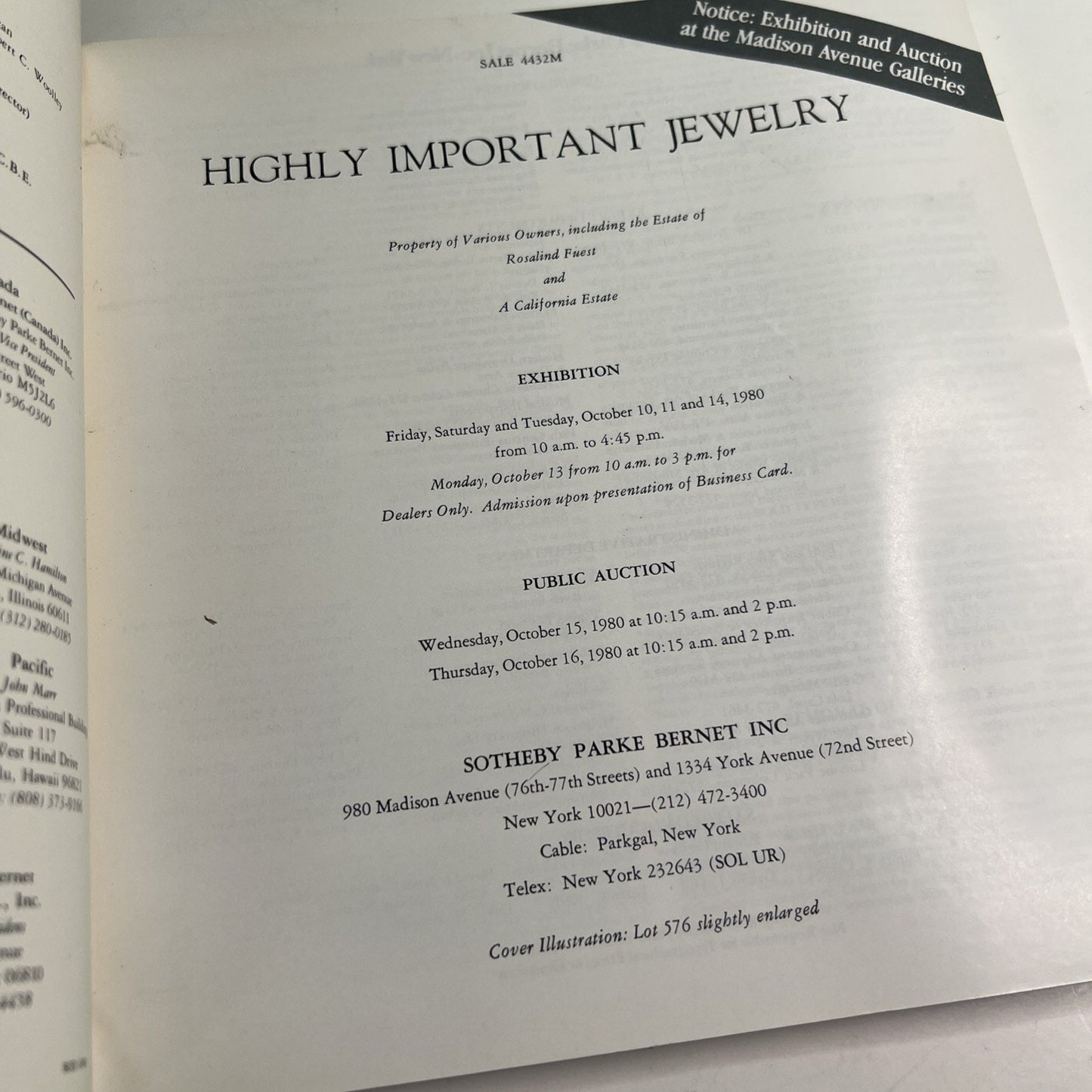 Sotheby’s Auction Catalog October 15 & 16, 1980 Highly Important Jewelry