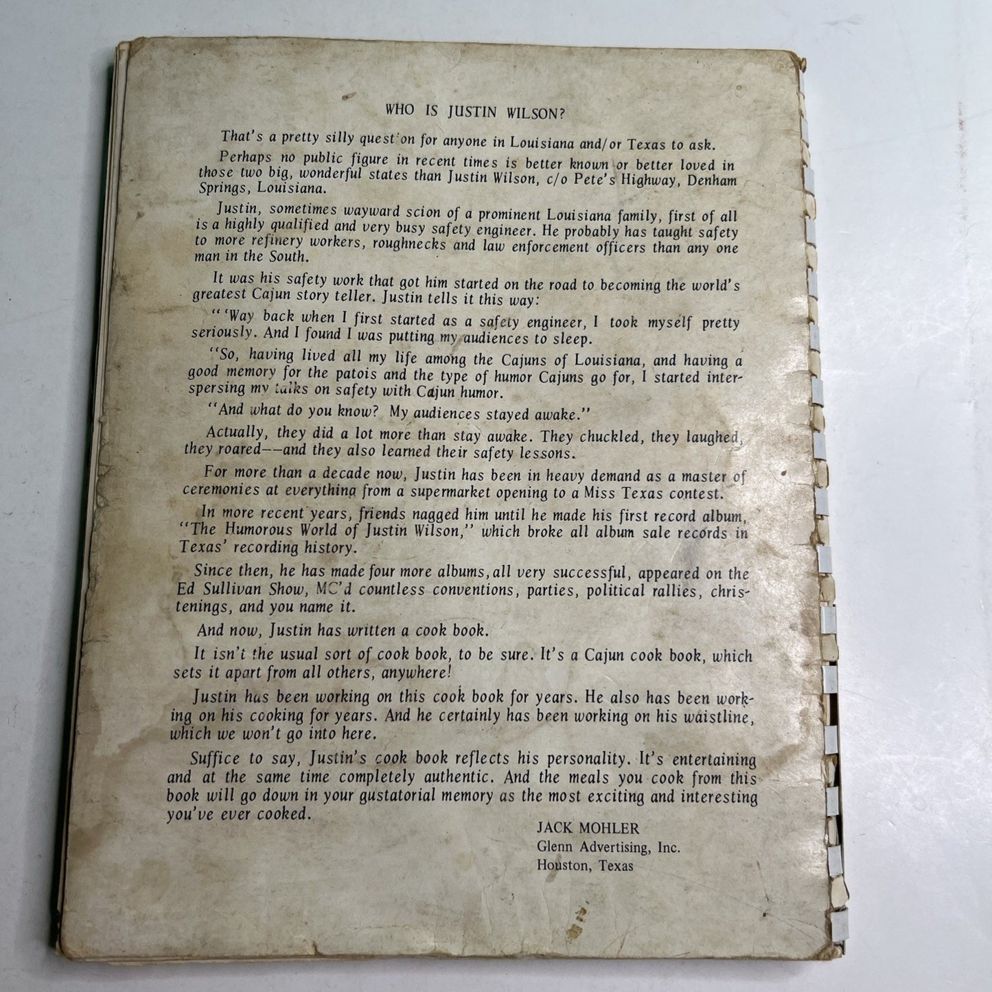 SIGNED The Justin Wilson Cookbook Cajun Cooker 1965 Denham Springs Louisiana